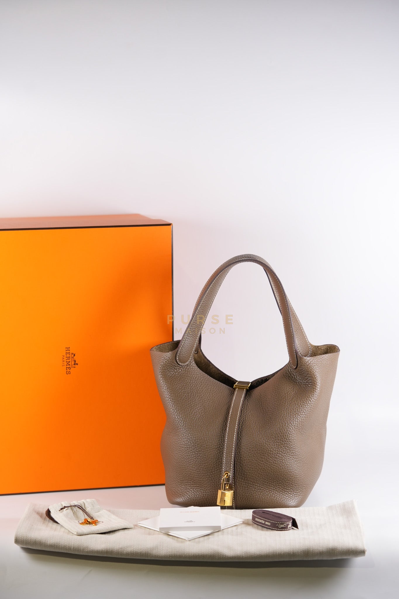 Picotin 22 in Etoupe Clemence Leather Gold Hardware Stamp U(2022) | Purse Maison Luxury Bags Shop