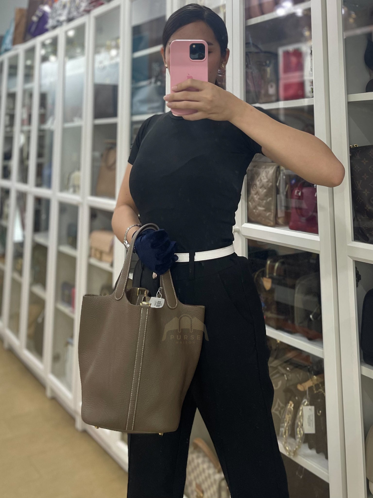 Picotin 22 in Etoupe Clemence Leather Gold Hardware Stamp W(2024) | Purse Maison Luxury Bags Shop