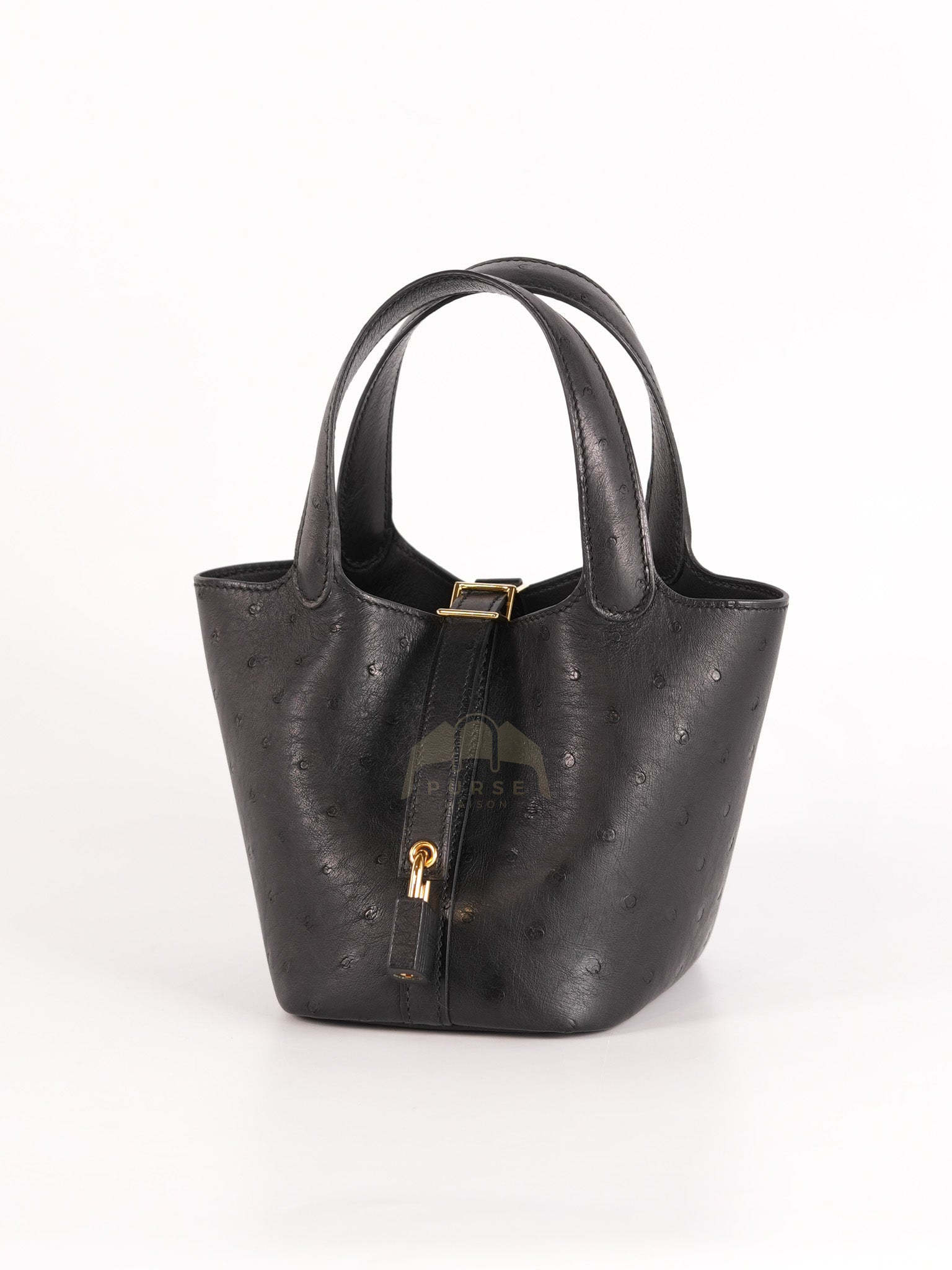 Picotin Micro in Black Ostrich Leather and Gold Hardware Stamp W (2024) | Purse Maison Luxury Bags Shop