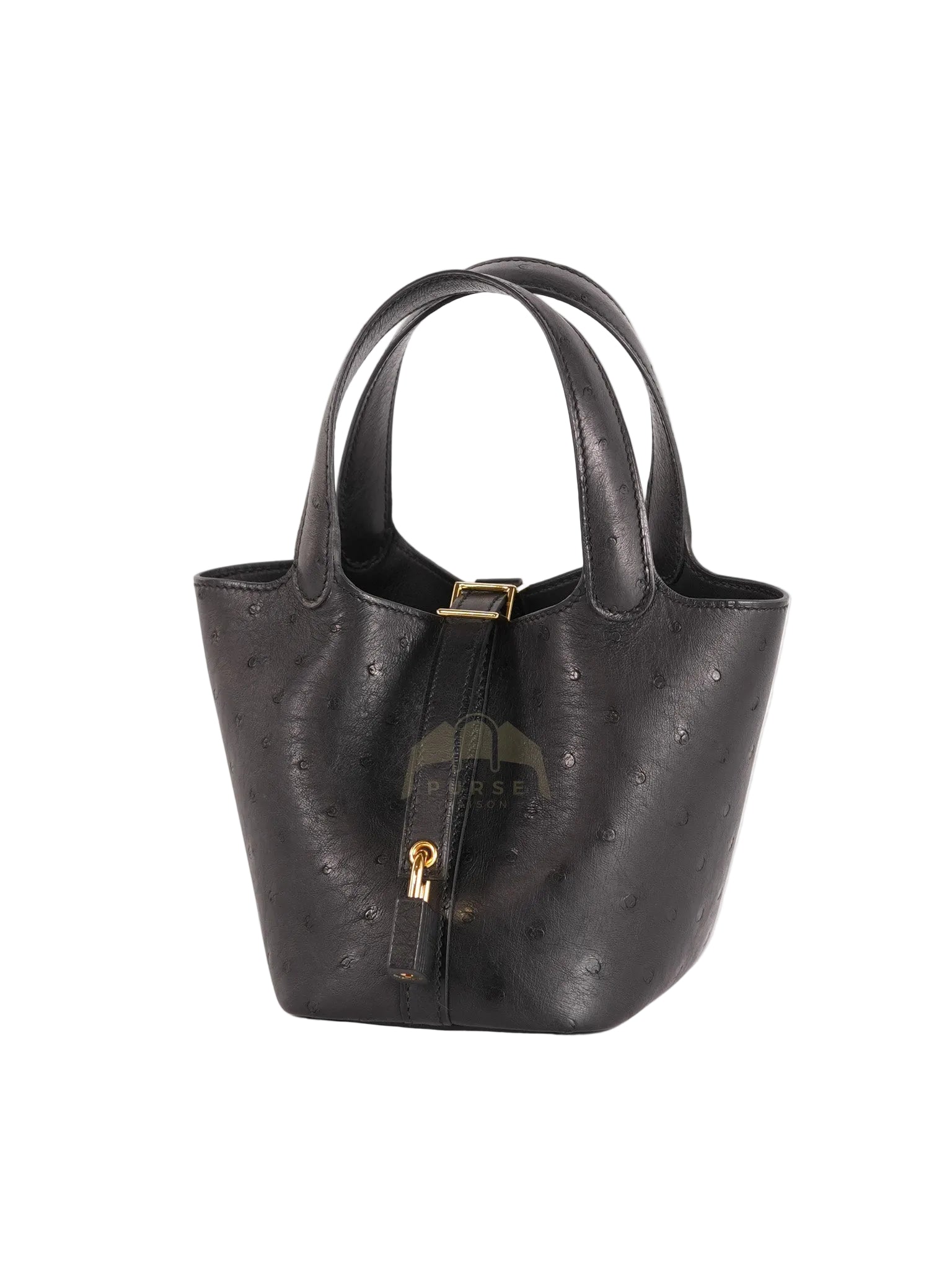 Picotin Micro in Black Ostrich Leather and Gold Hardware Stamp W (2024) | Purse Maison Luxury Bags Shop