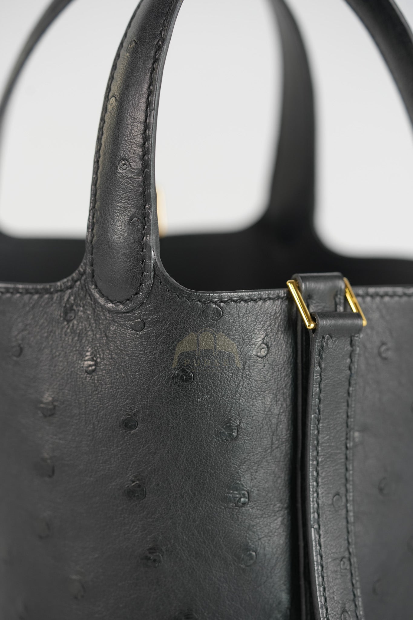 Picotin Micro in Black Ostrich Leather and Gold Hardware Stamp W (2024) | Purse Maison Luxury Bags Shop