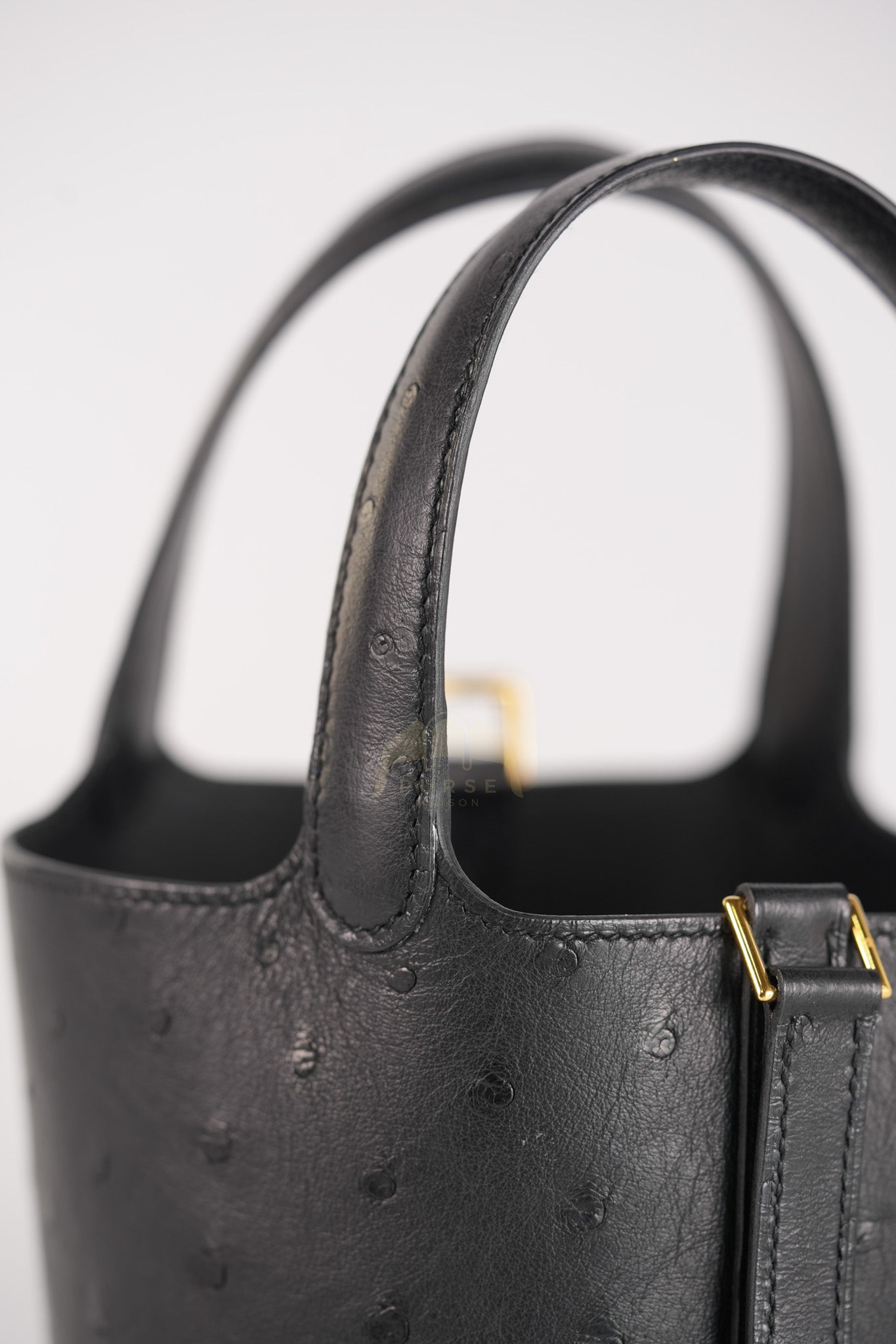 Picotin Micro in Black Ostrich Leather and Gold Hardware Stamp W (2024) | Purse Maison Luxury Bags Shop