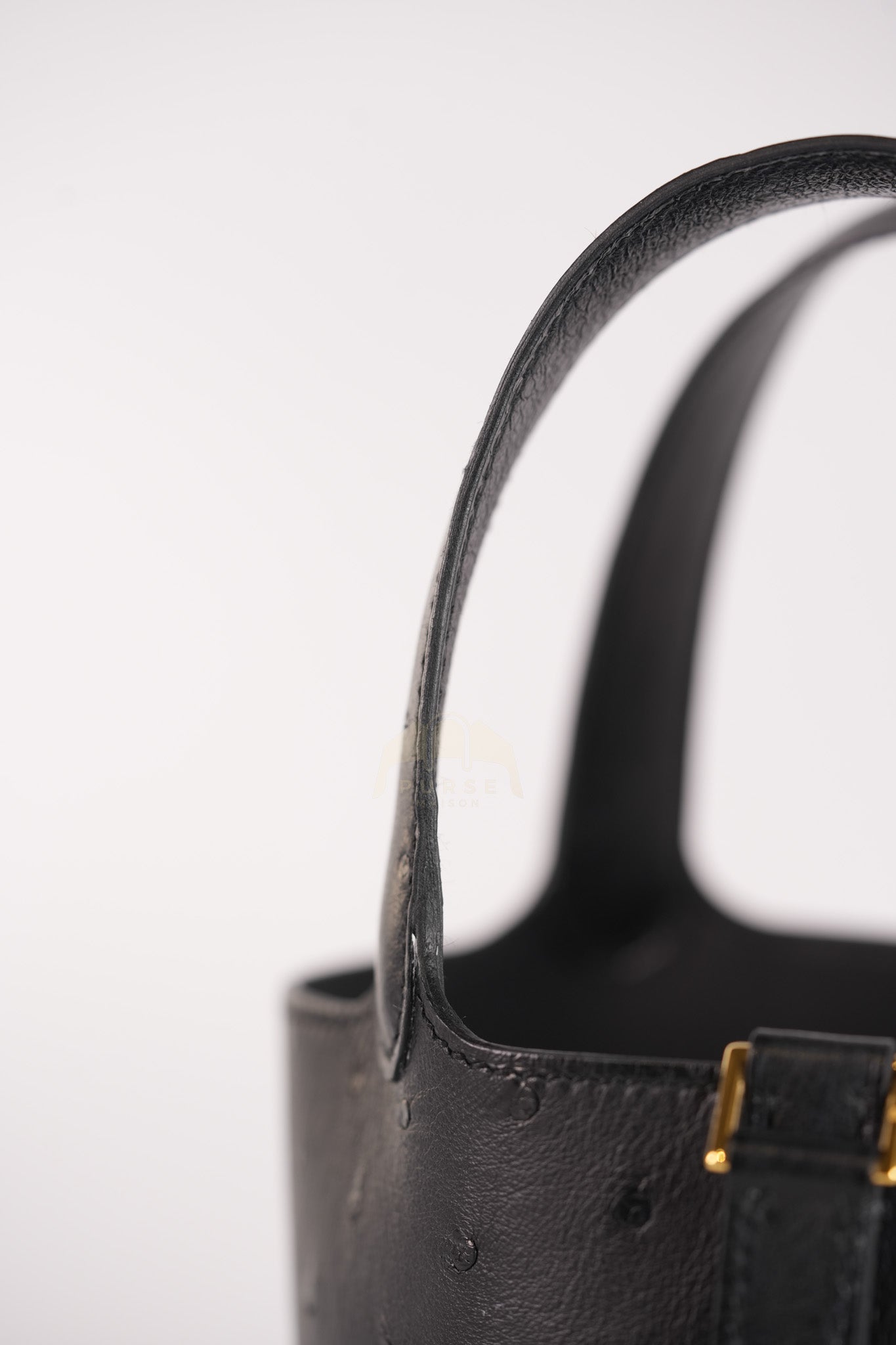 Picotin Micro in Black Ostrich Leather and Gold Hardware Stamp W (2024) | Purse Maison Luxury Bags Shop