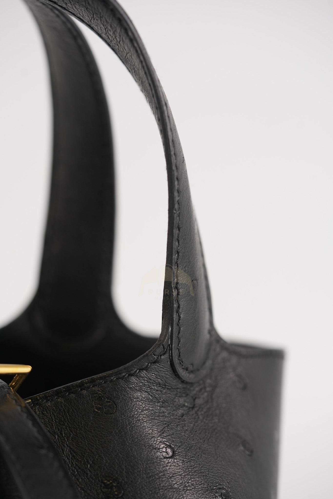 Picotin Micro in Black Ostrich Leather and Gold Hardware Stamp W (2024) | Purse Maison Luxury Bags Shop