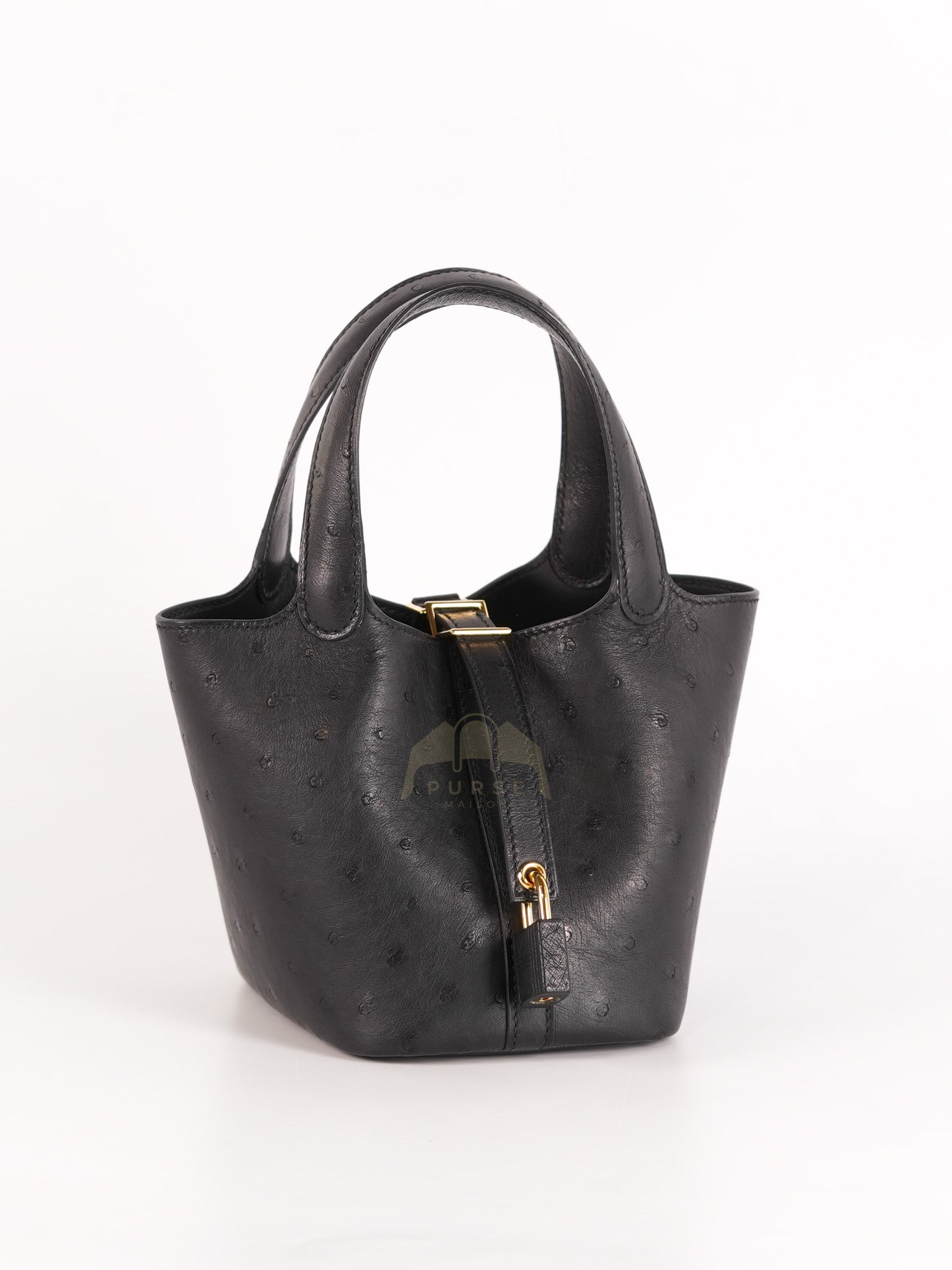 Picotin Micro in Black Ostrich Leather and Gold Hardware Stamp W (2024) | Purse Maison Luxury Bags Shop