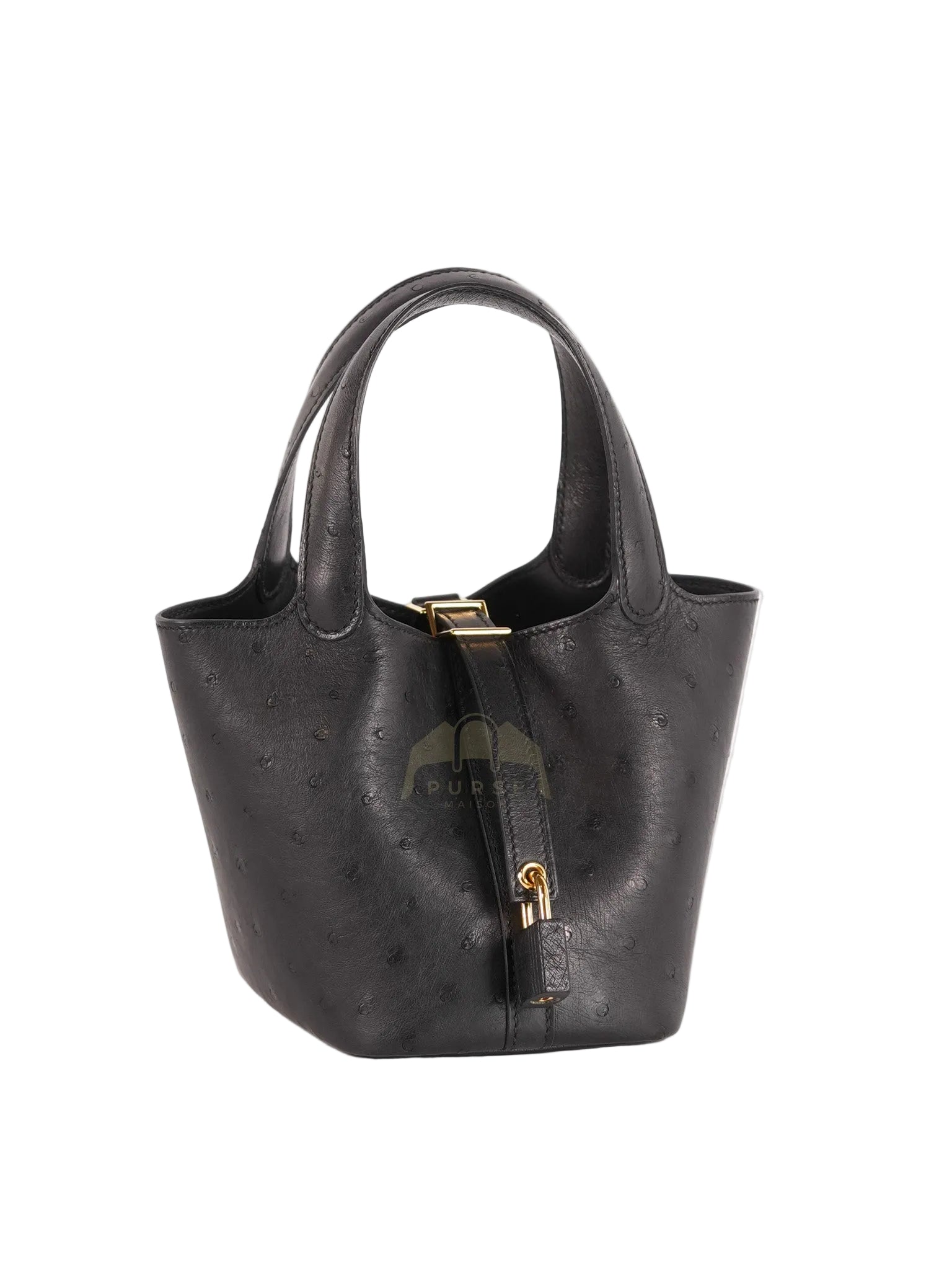 Picotin Micro in Black Ostrich Leather and Gold Hardware Stamp W (2024) | Purse Maison Luxury Bags Shop