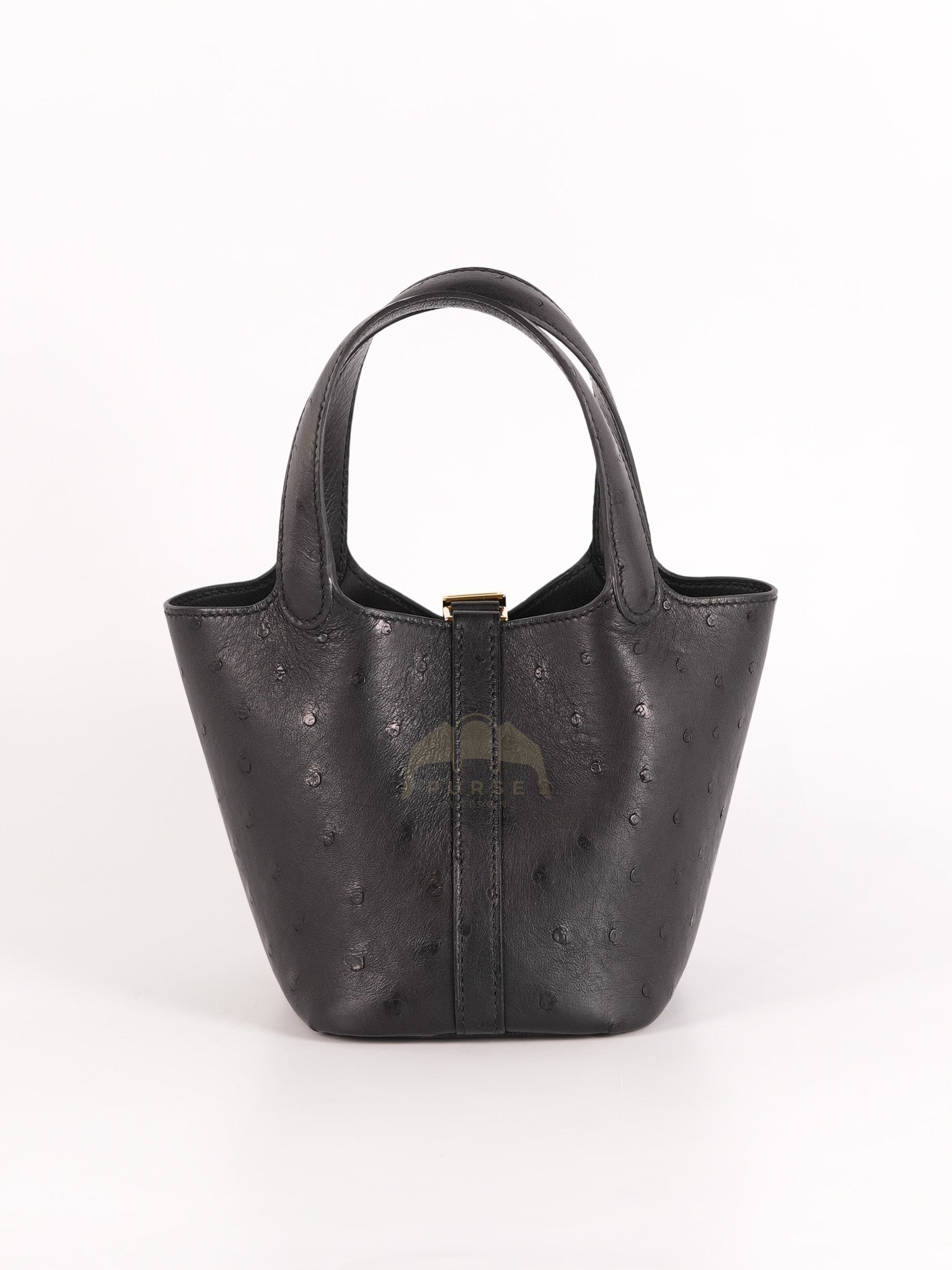 Picotin Micro in Black Ostrich Leather and Gold Hardware Stamp W (2024) | Purse Maison Luxury Bags Shop