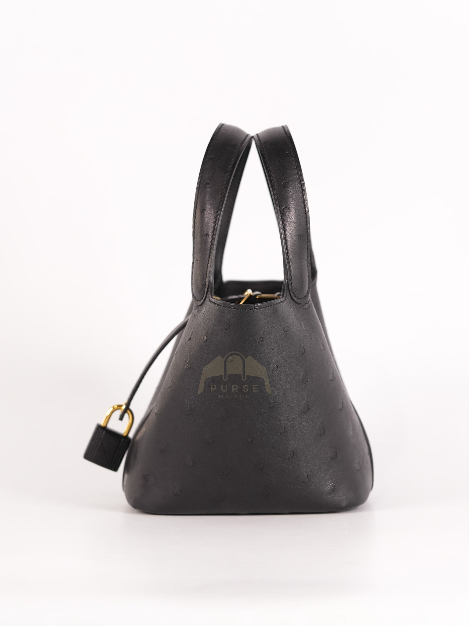 Picotin Micro in Black Ostrich Leather and Gold Hardware Stamp W (2024) | Purse Maison Luxury Bags Shop
