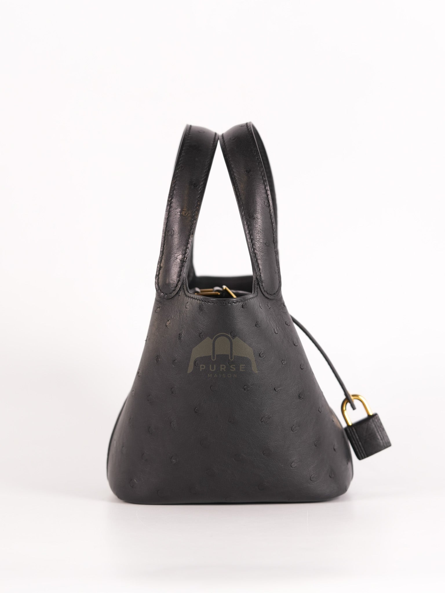 Picotin Micro in Black Ostrich Leather and Gold Hardware Stamp W (2024) | Purse Maison Luxury Bags Shop