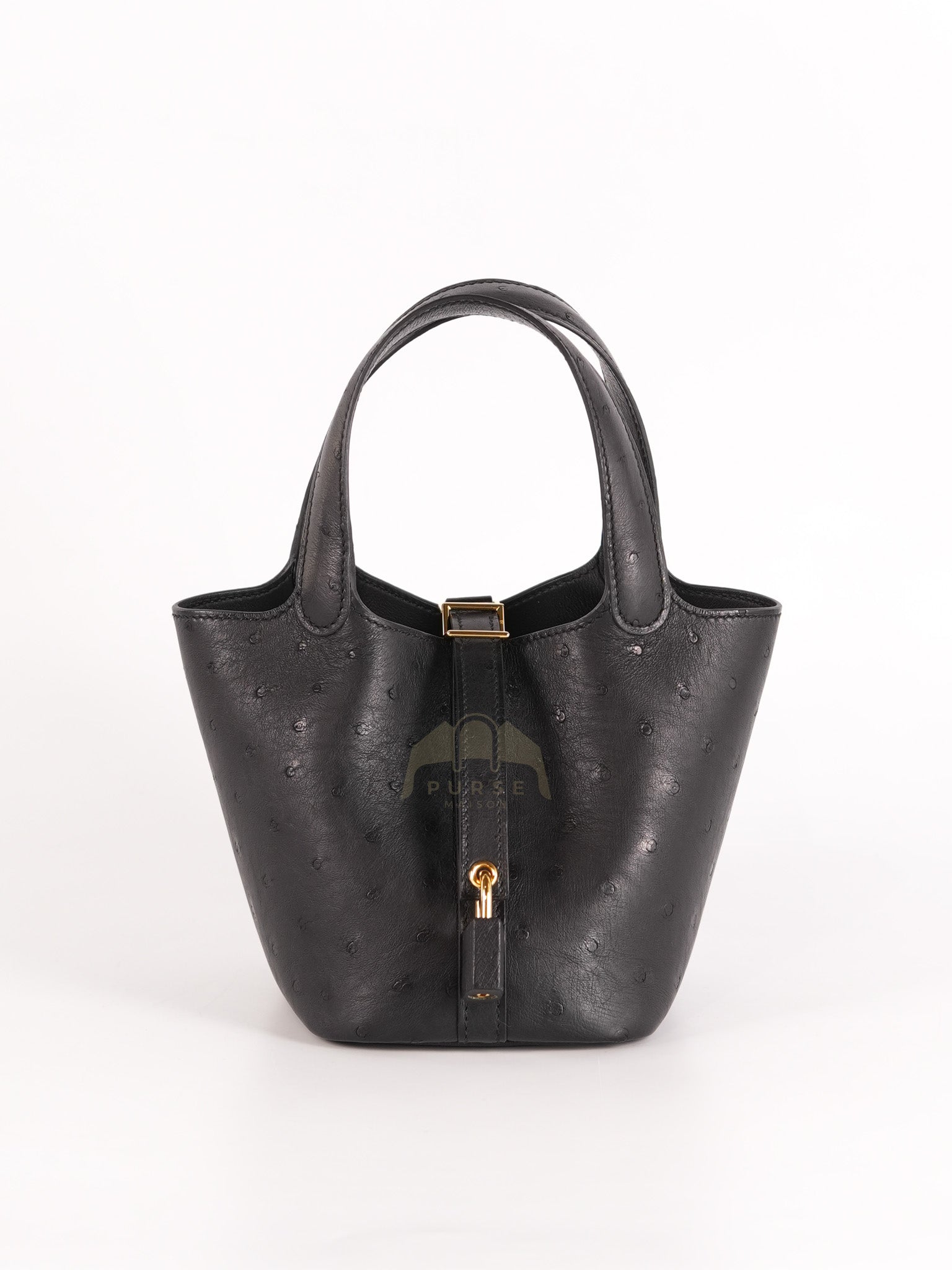 Picotin Micro in Black Ostrich Leather and Gold Hardware Stamp W (2024) | Purse Maison Luxury Bags Shop