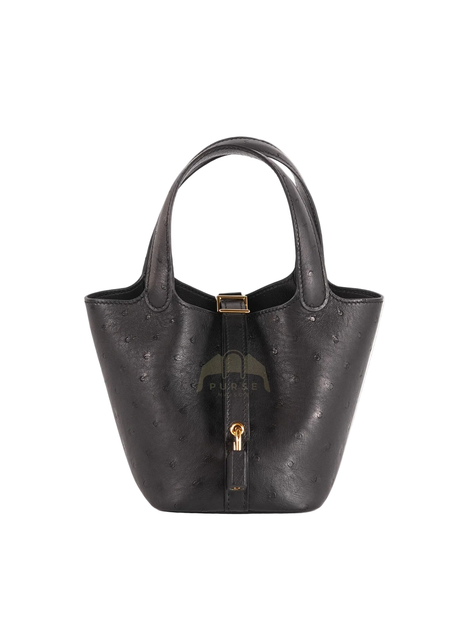 Picotin Micro in Black Ostrich Leather and Gold Hardware Stamp W (2024) | Purse Maison Luxury Bags Shop