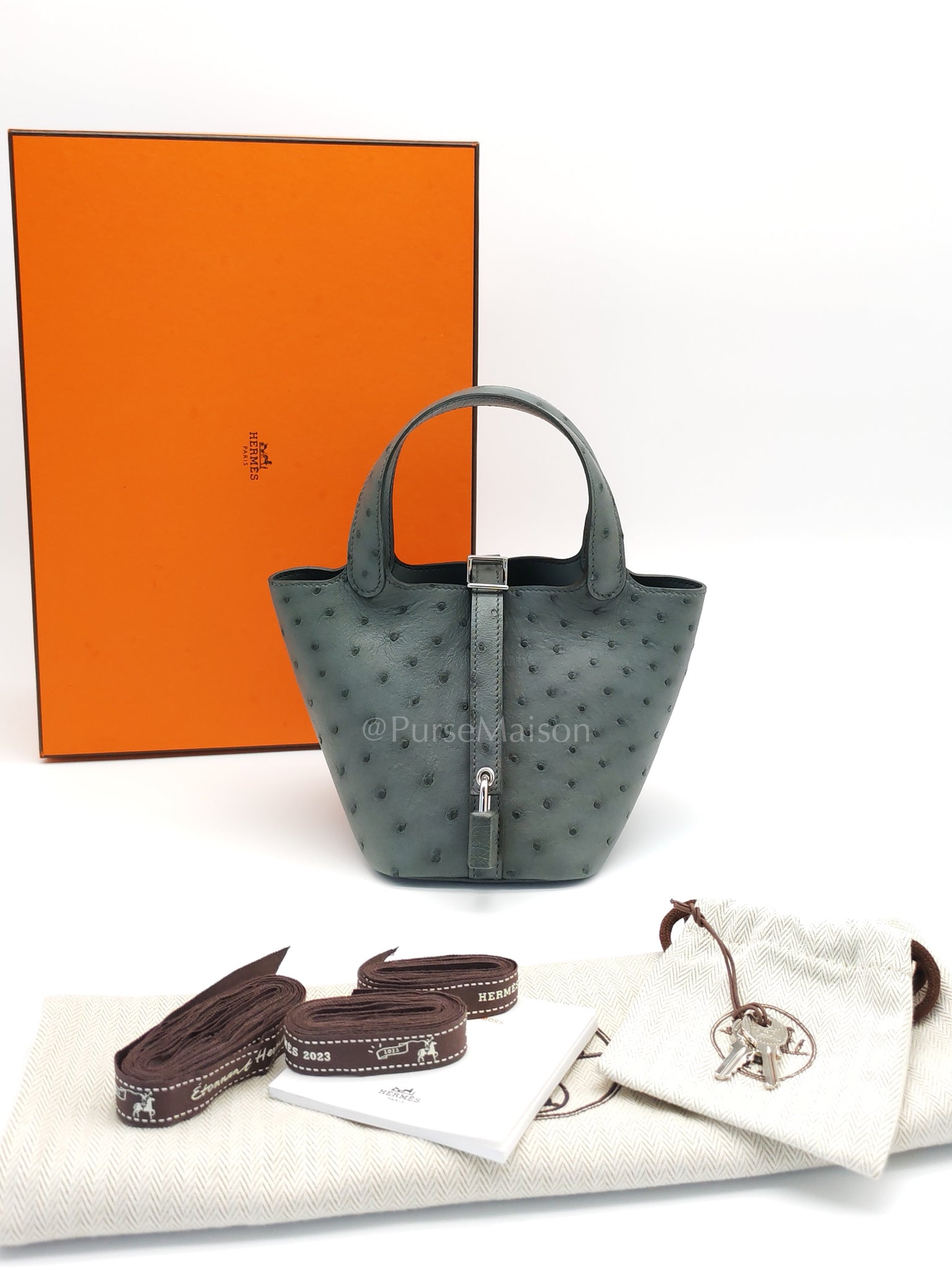 Picotin Nano in Vert Amande Ostrich Leather and Palladium Hardware Stamp W (2024) | Purse Maison Luxury Bags Shop