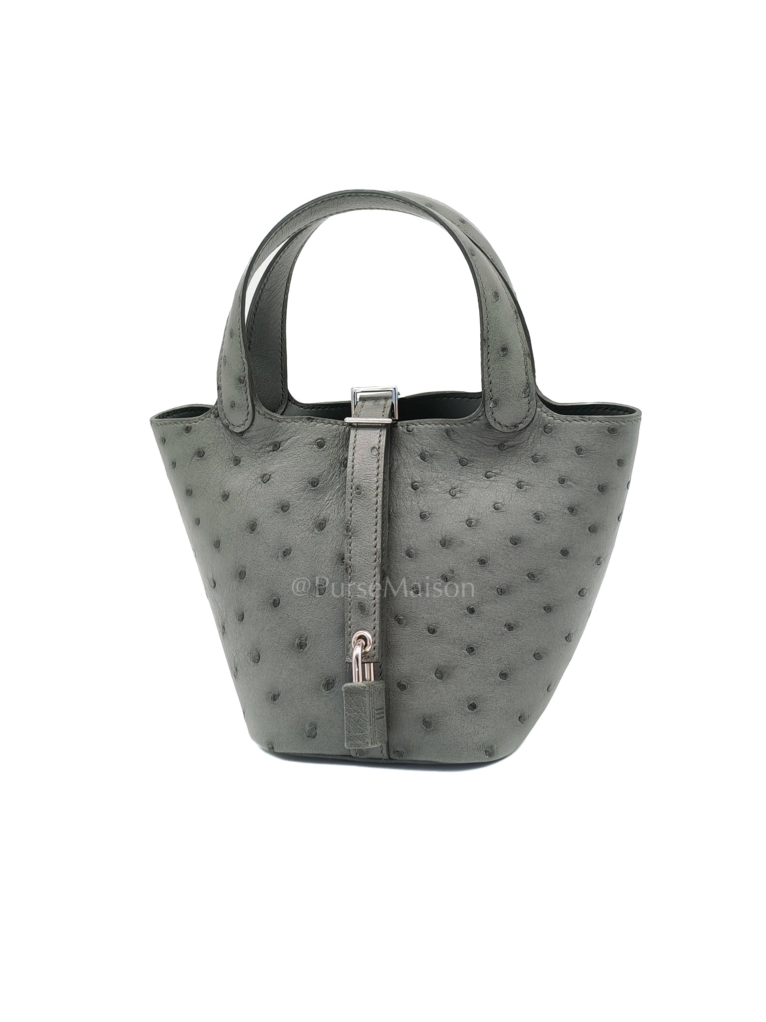 Picotin Nano in Vert Amande Ostrich Leather and Palladium Hardware Stamp W (2024) | Purse Maison Luxury Bags Shop