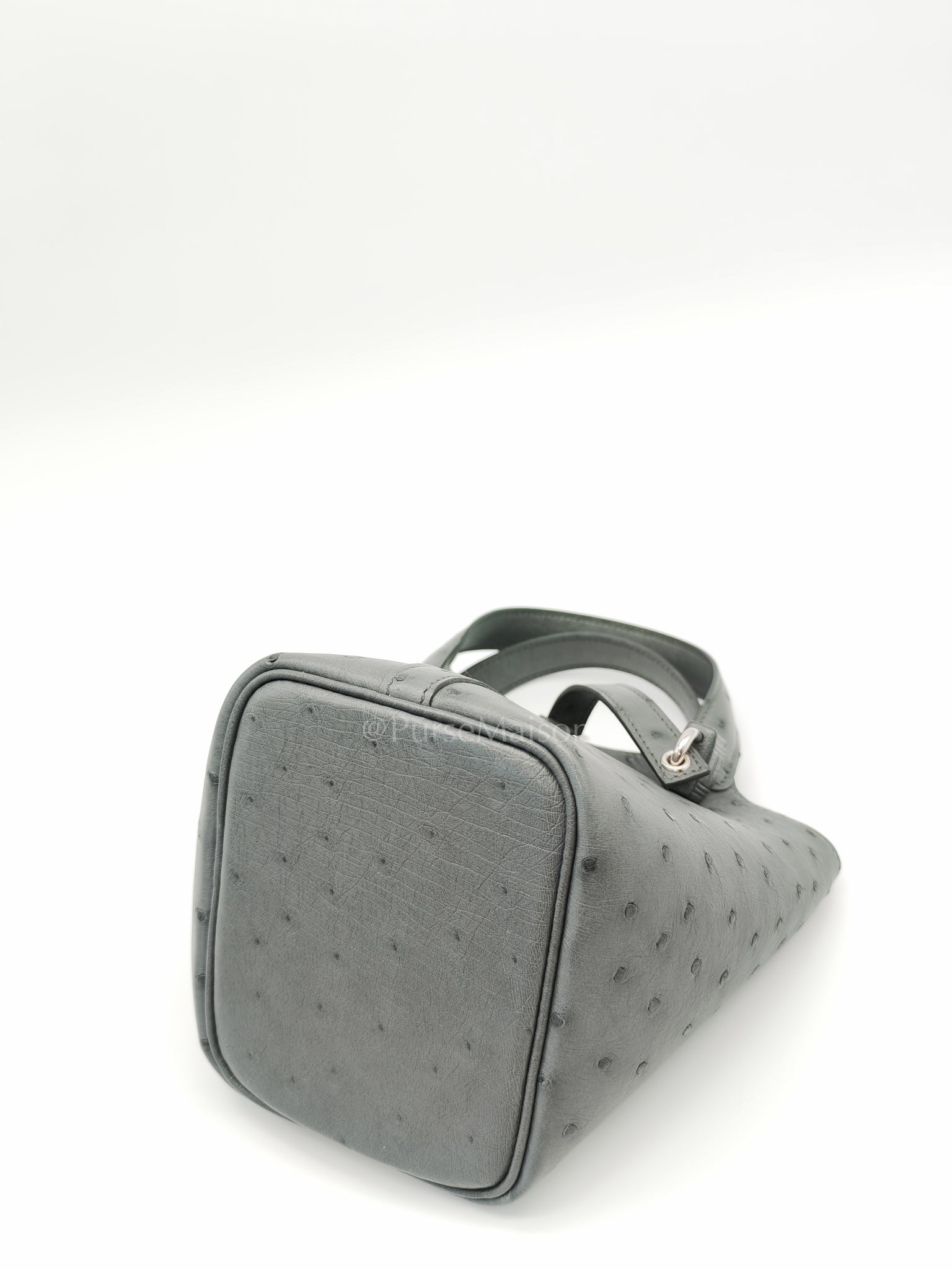 Picotin Nano in Vert Amande Ostrich Leather and Palladium Hardware Stamp W (2024) | Purse Maison Luxury Bags Shop
