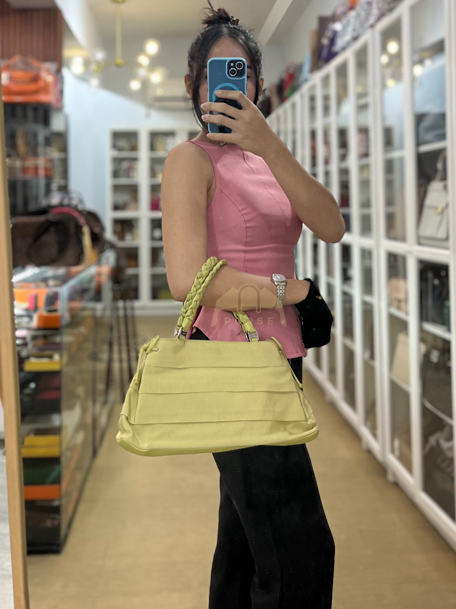 Pleated Light Green Grossgrain Nylon Shoulder Bag | Purse Maison Luxury Bags Shop