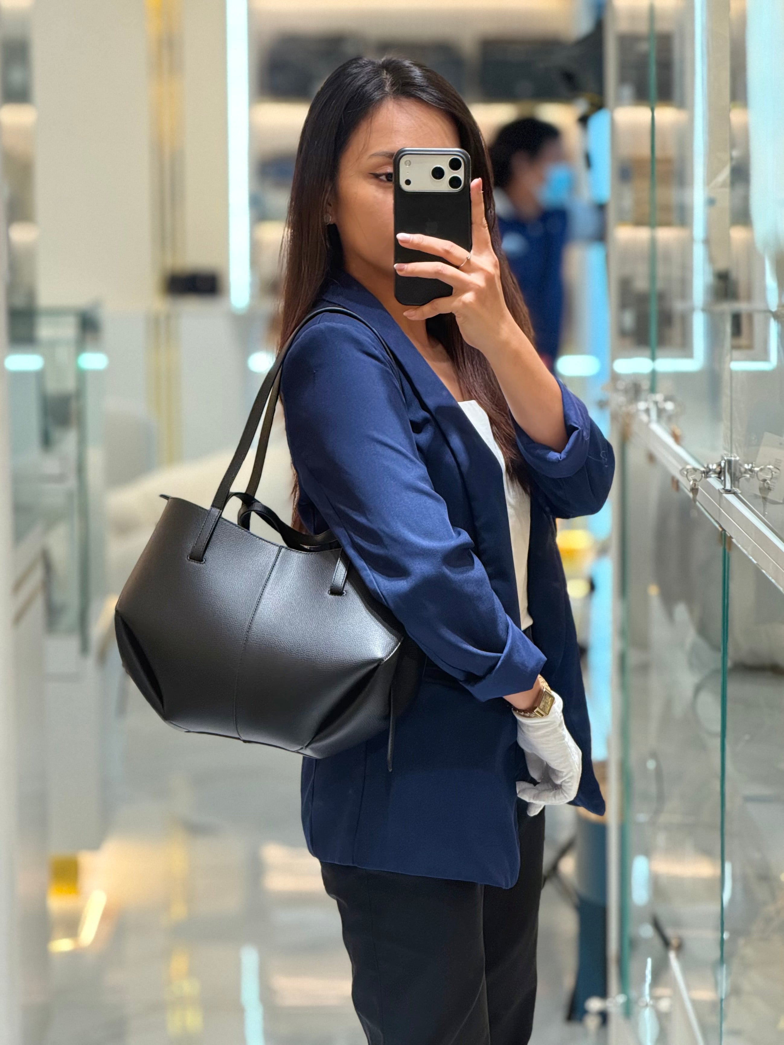 Cyme Mini in Black Graine Leather and Black Stitiching Tote Bag | Purse Maison Luxury Bags Shop