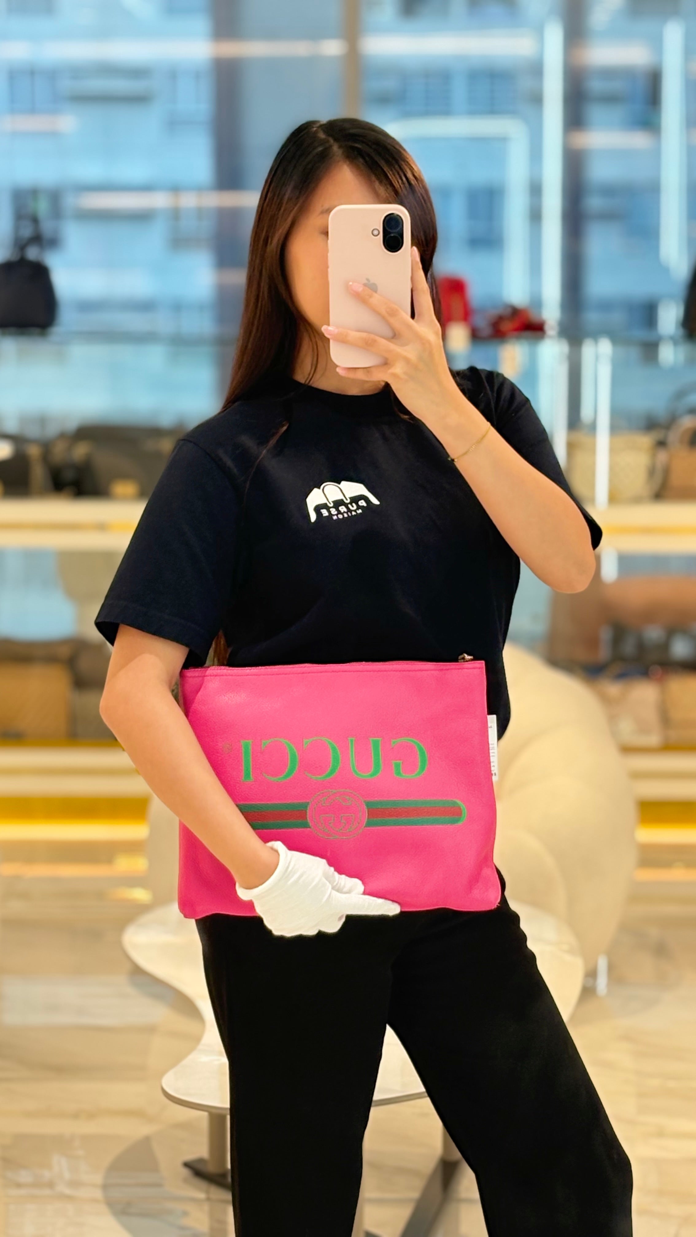 Porfolio Clutch in Pink Gucci Print Prominent Green Logo | Purse Maison Luxury Bags Shop