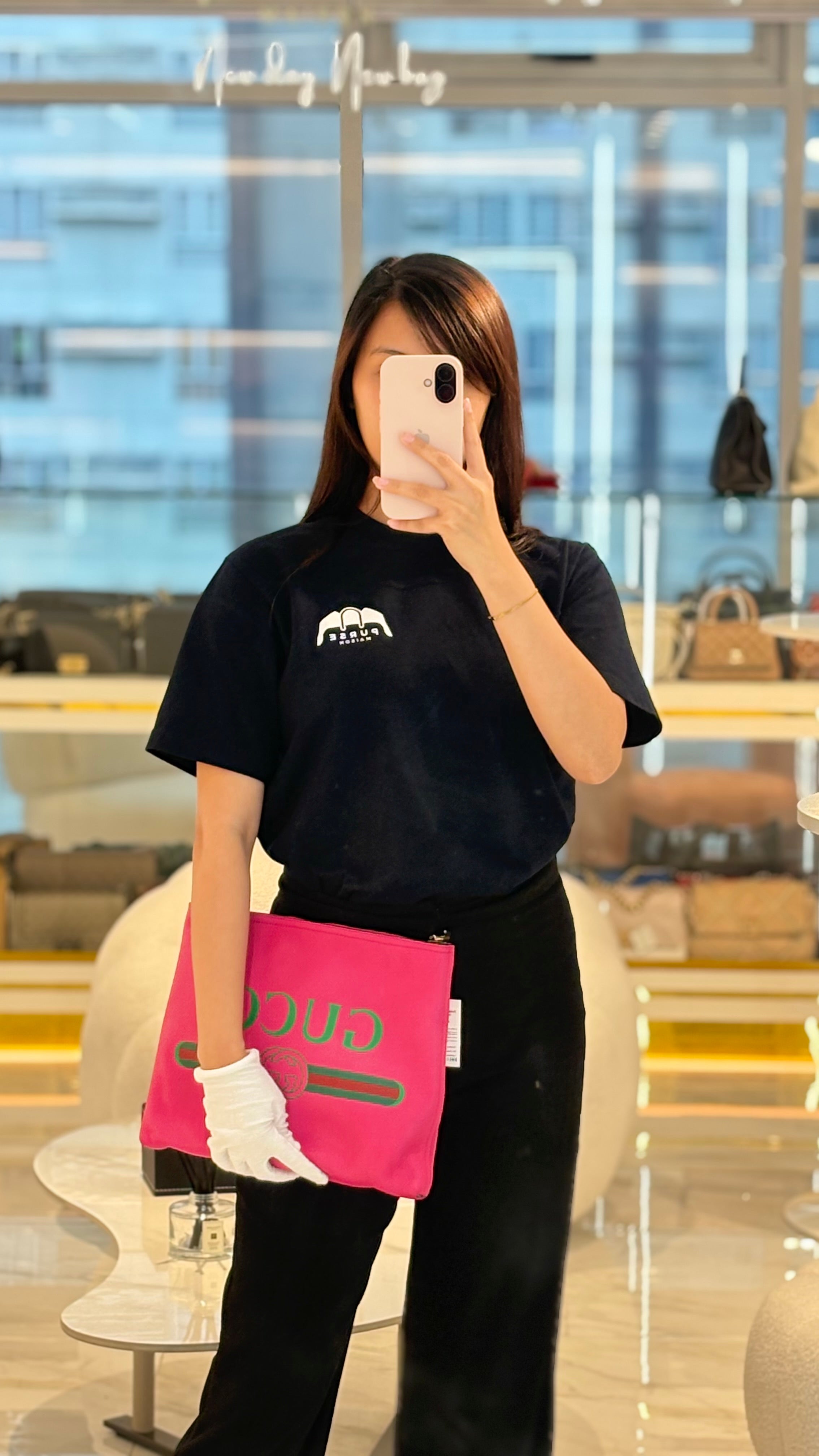 Porfolio Clutch in Pink Gucci Print Prominent Green Logo | Purse Maison Luxury Bags Shop