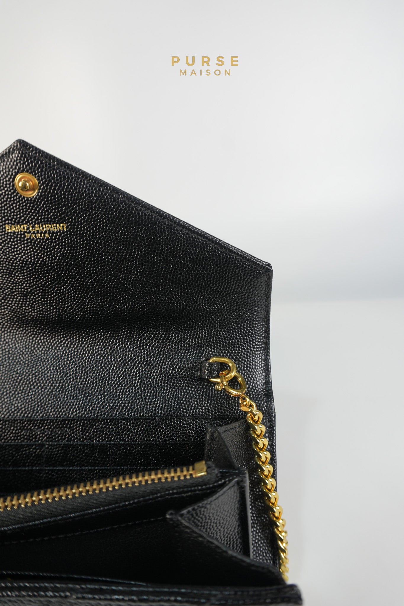 Portefeuille Wallet with Chain in Black Grain De Poudre Leather Gold Hardware | Purse Maison Luxury Bags Shop