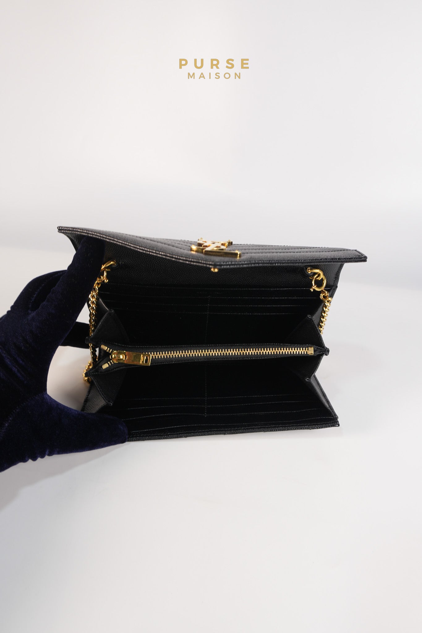 Portefeuille Wallet with Chain in Black Grain De Poudre Leather Gold Hardware | Purse Maison Luxury Bags Shop