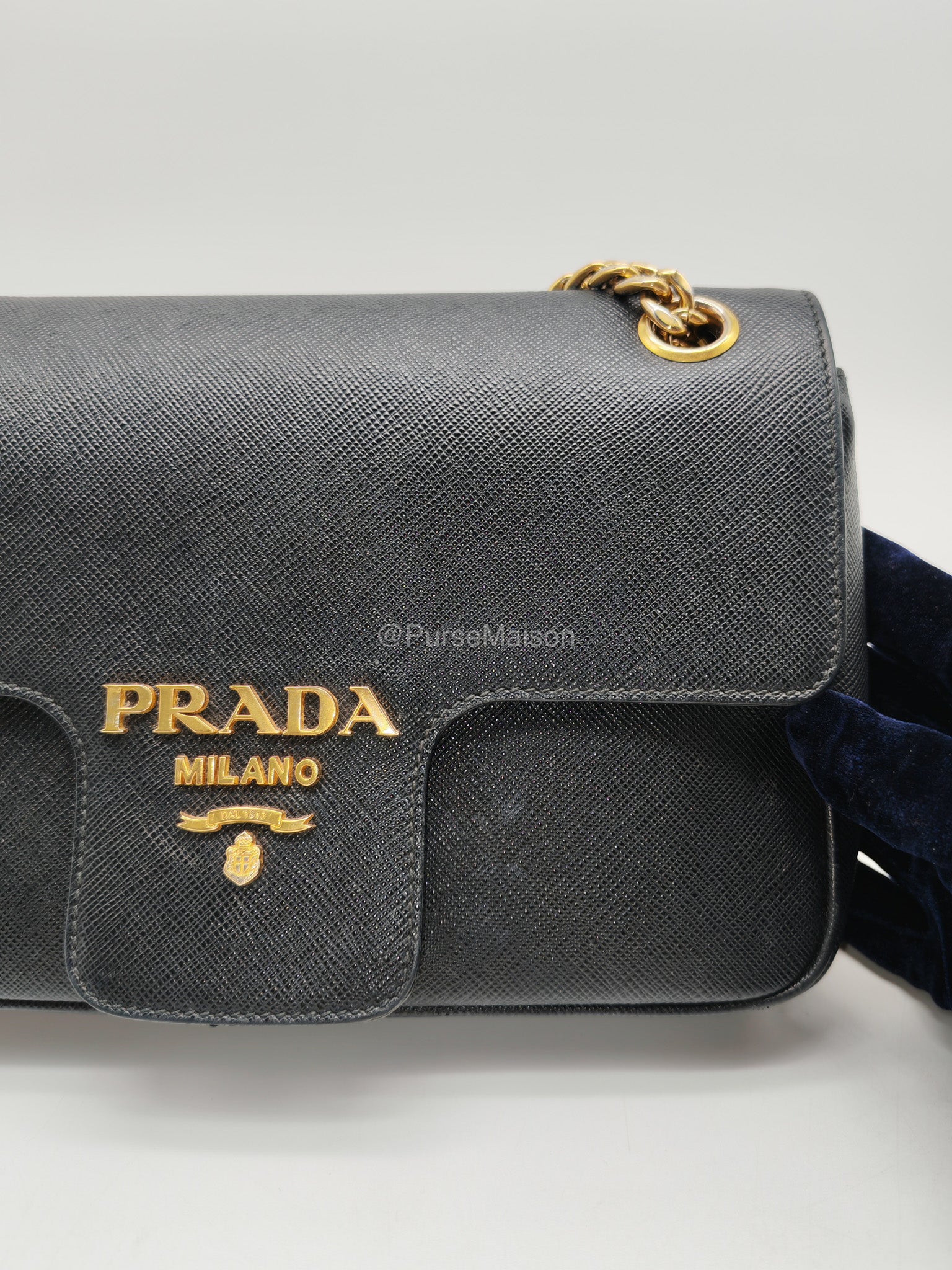 Prada 1BD193 Saffiano Black Pattina Flap Shoulder Bag | Purse Maison Luxury Bags Shop