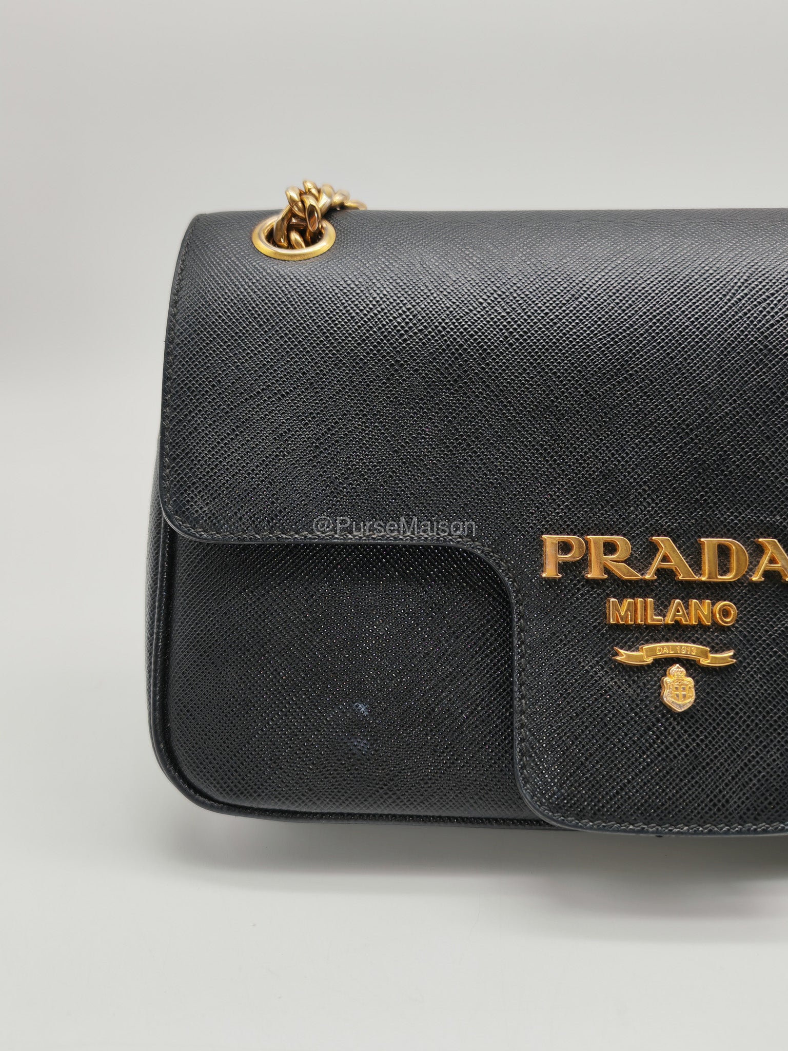 Prada 1BD193 Saffiano Black Pattina Flap Shoulder Bag | Purse Maison Luxury Bags Shop