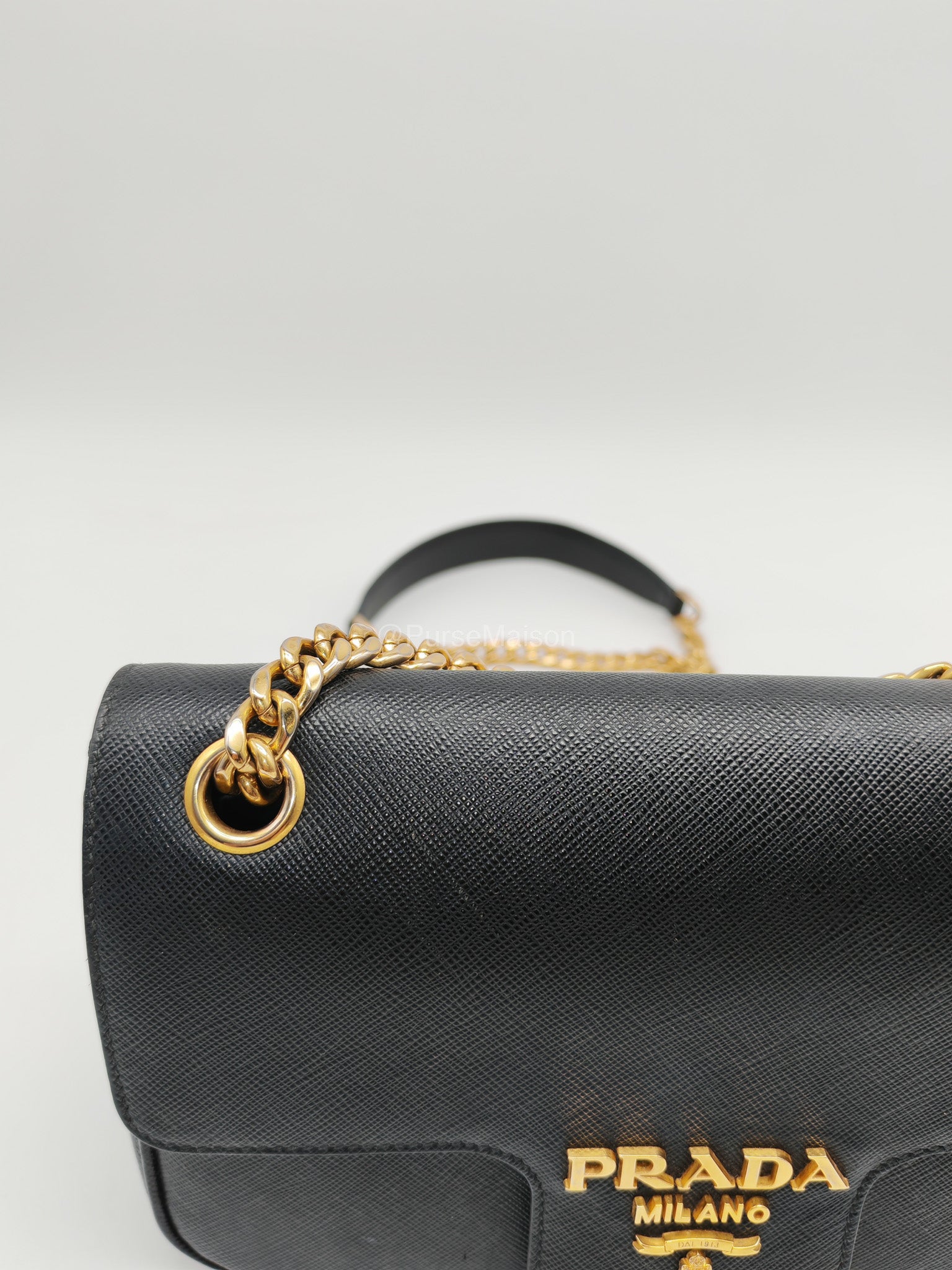 Prada 1BD193 Saffiano Black Pattina Flap Shoulder Bag | Purse Maison Luxury Bags Shop