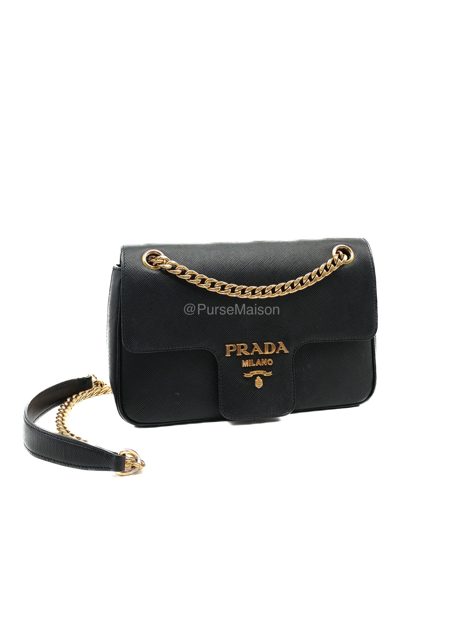 Prada 1BD193 Saffiano Black Pattina Flap Shoulder Bag | Purse Maison Luxury Bags Shop