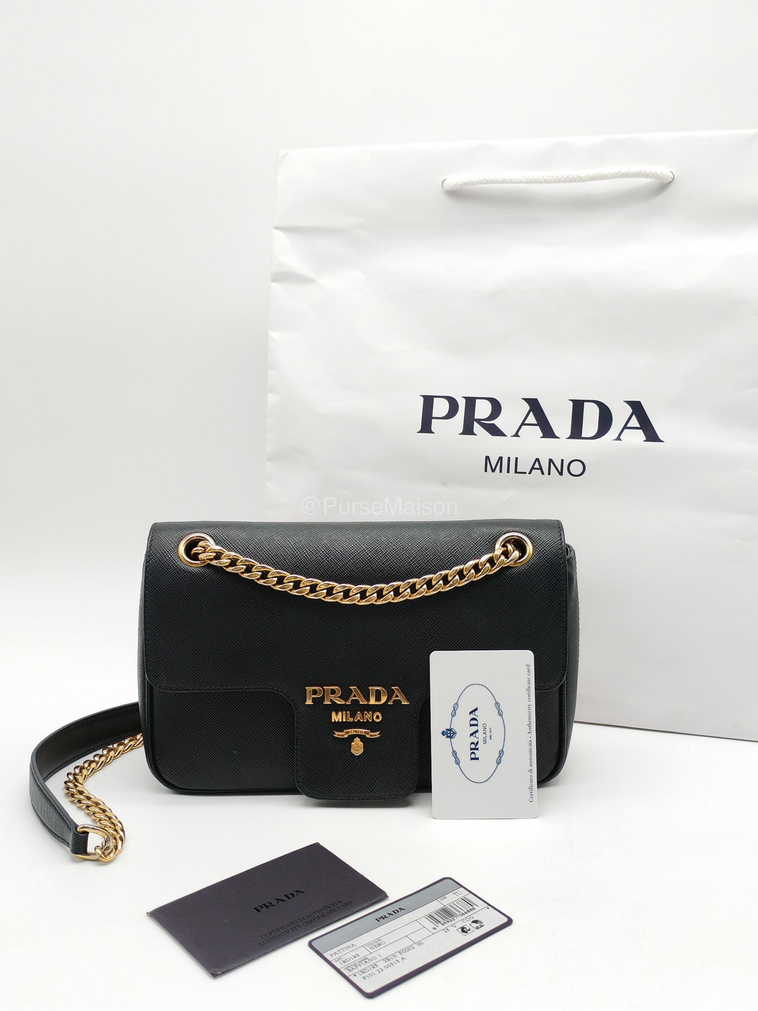 Prada 1BD193 Saffiano Black Pattina Flap Shoulder Bag | Purse Maison Luxury Bags Shop