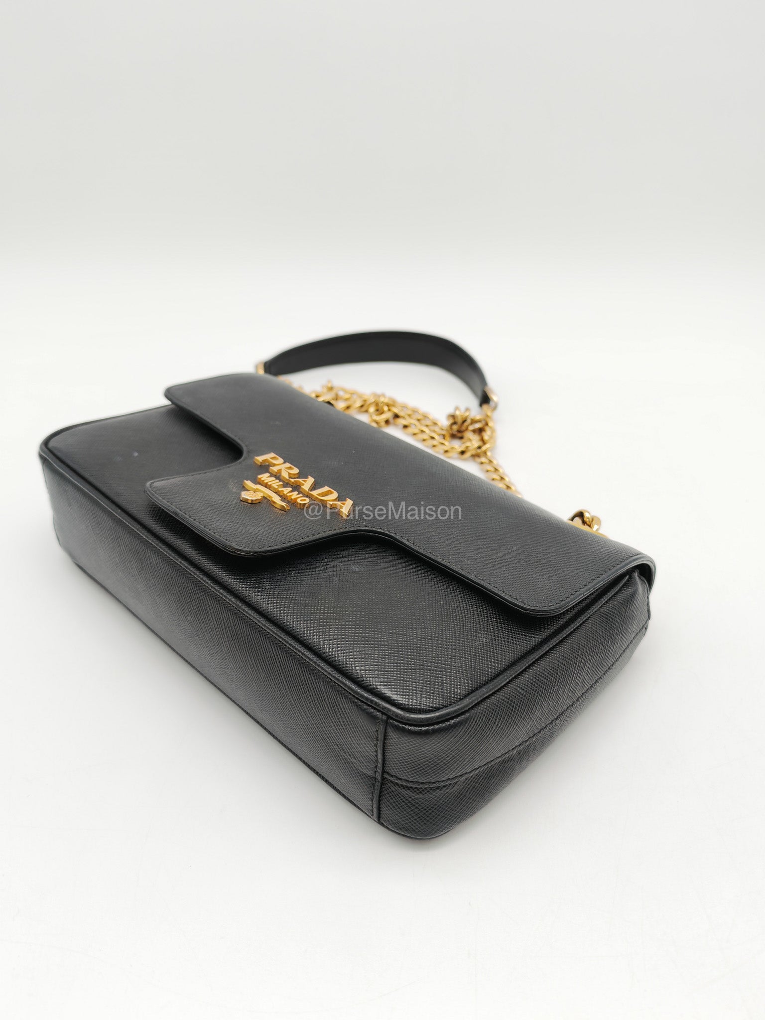 Prada 1BD193 Saffiano Black Pattina Flap Shoulder Bag | Purse Maison Luxury Bags Shop