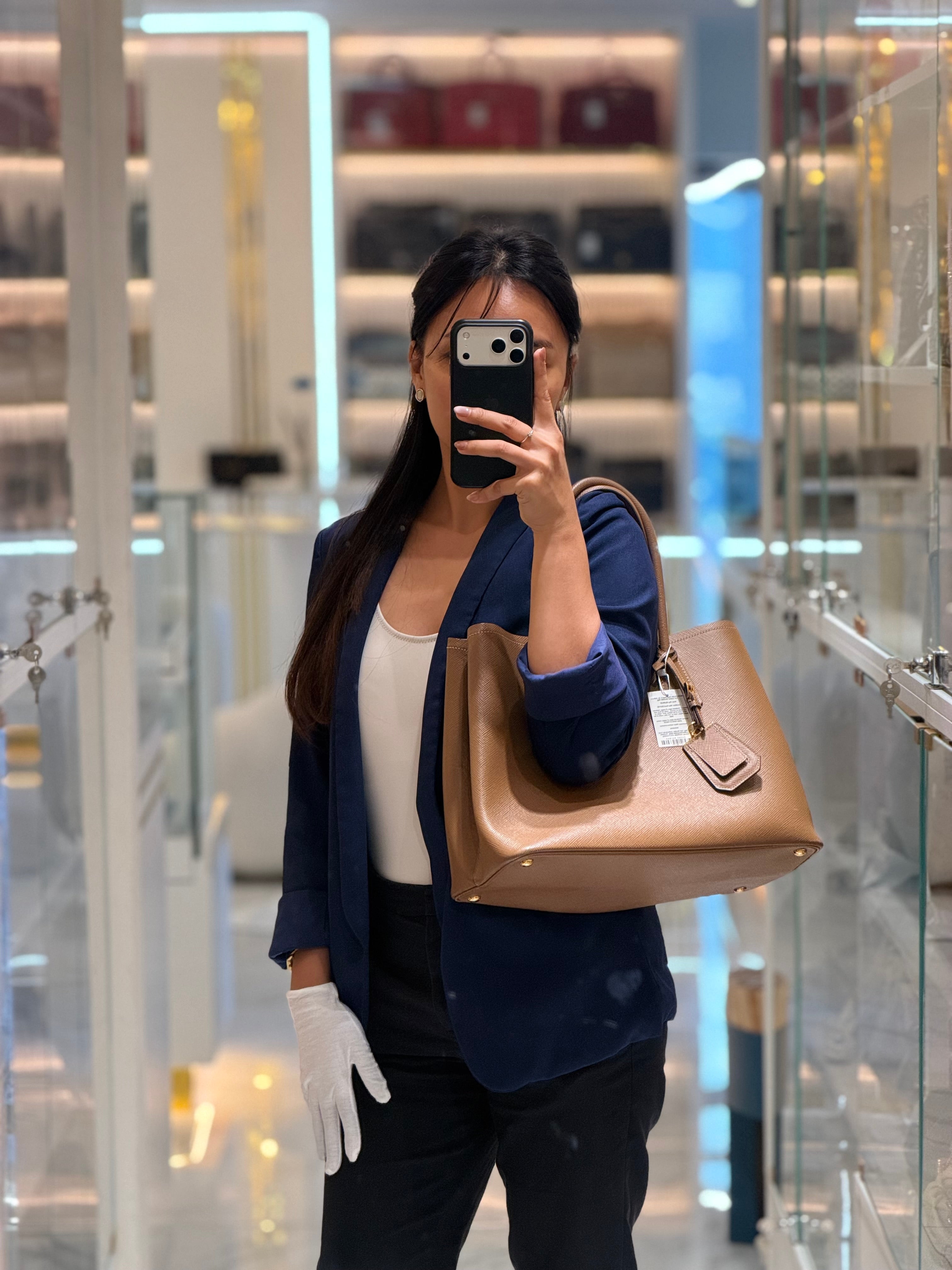 1BG756 Double Bag Large in Tan Saffiano Cuir Leather Shoulder Bag | Purse Maison Luxury Bags Shop