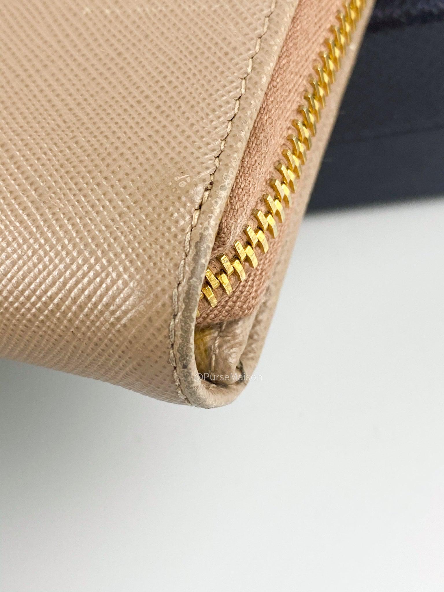 Prada 1M1348 Long Zipped Wallet in Beige Saffiano Metal Leather
