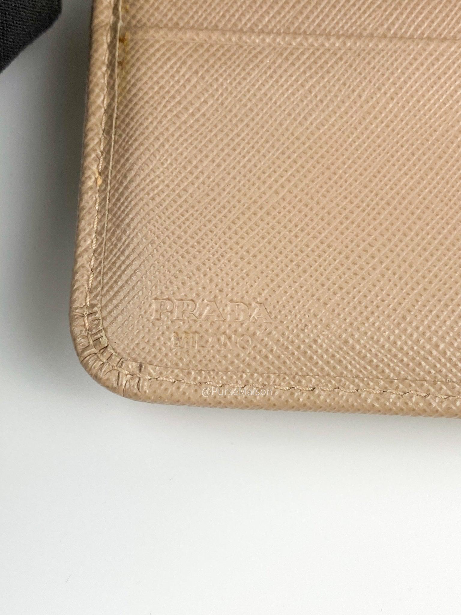 Prada 1M1348 Long Zipped Wallet in Beige Saffiano Metal Leather