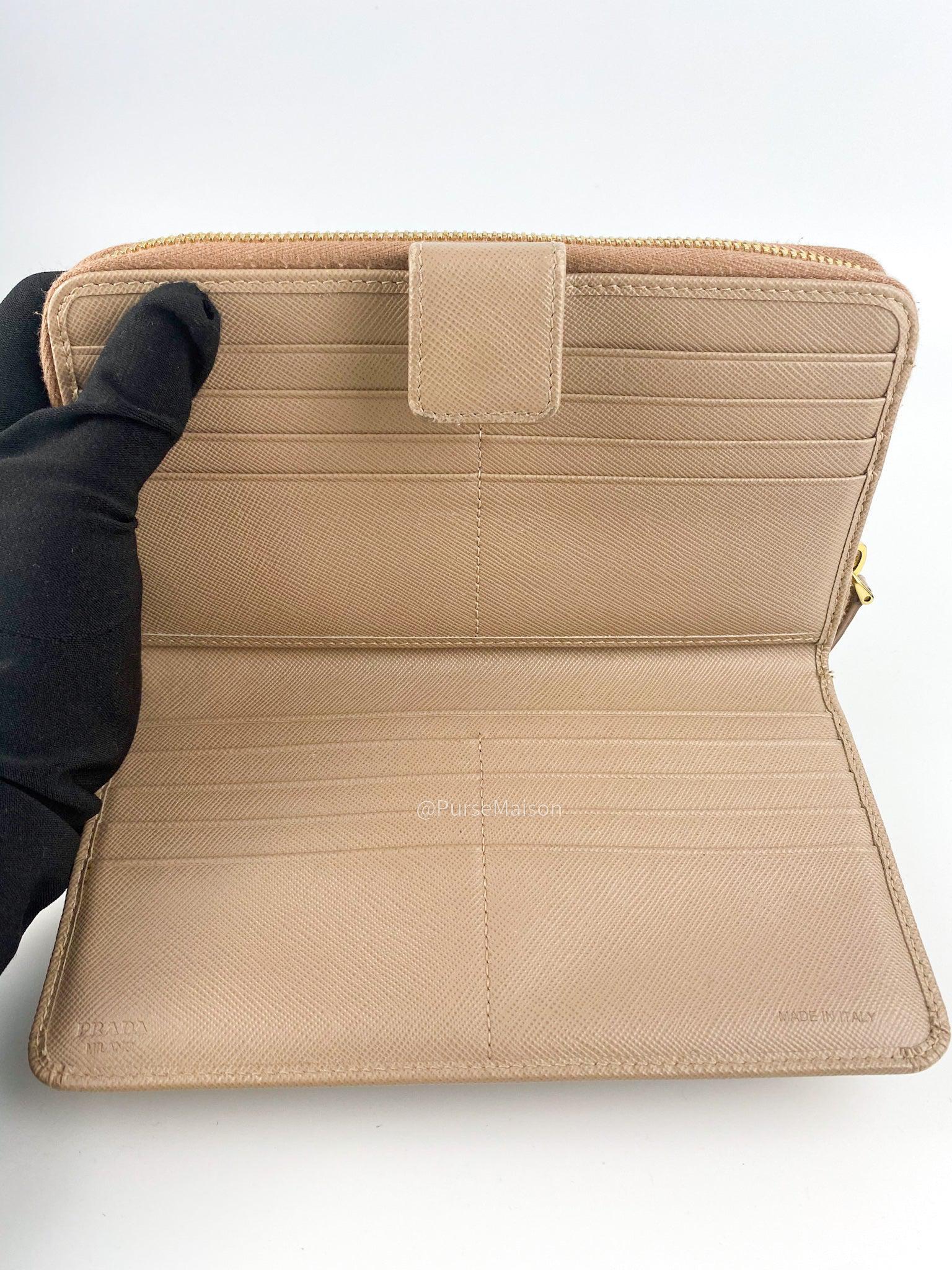 Prada 1M1348 Long Zipped Wallet in Beige Saffiano Metal Leather