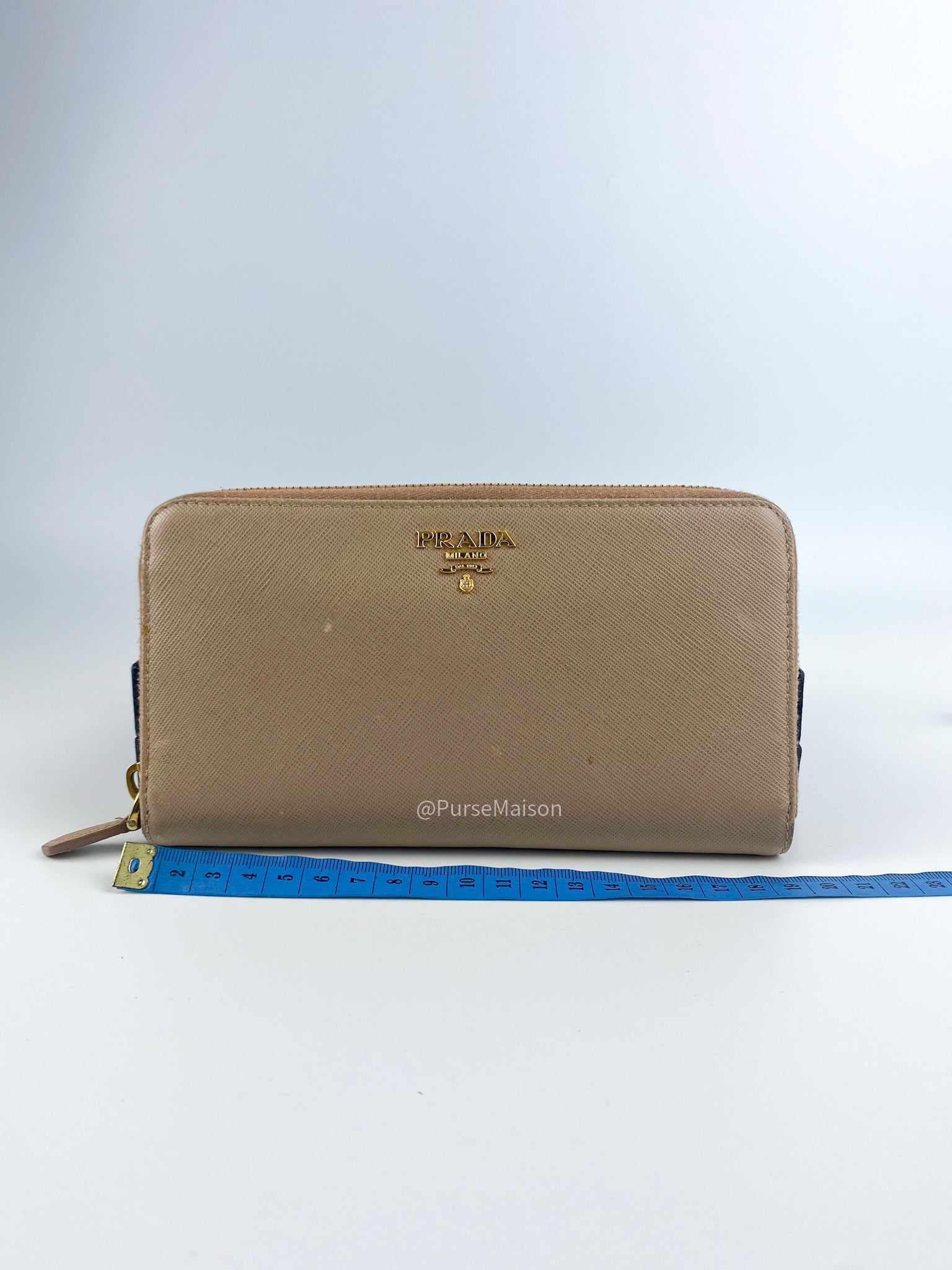 Prada 1M1348 Long Zipped Wallet in Beige Saffiano Metal Leather