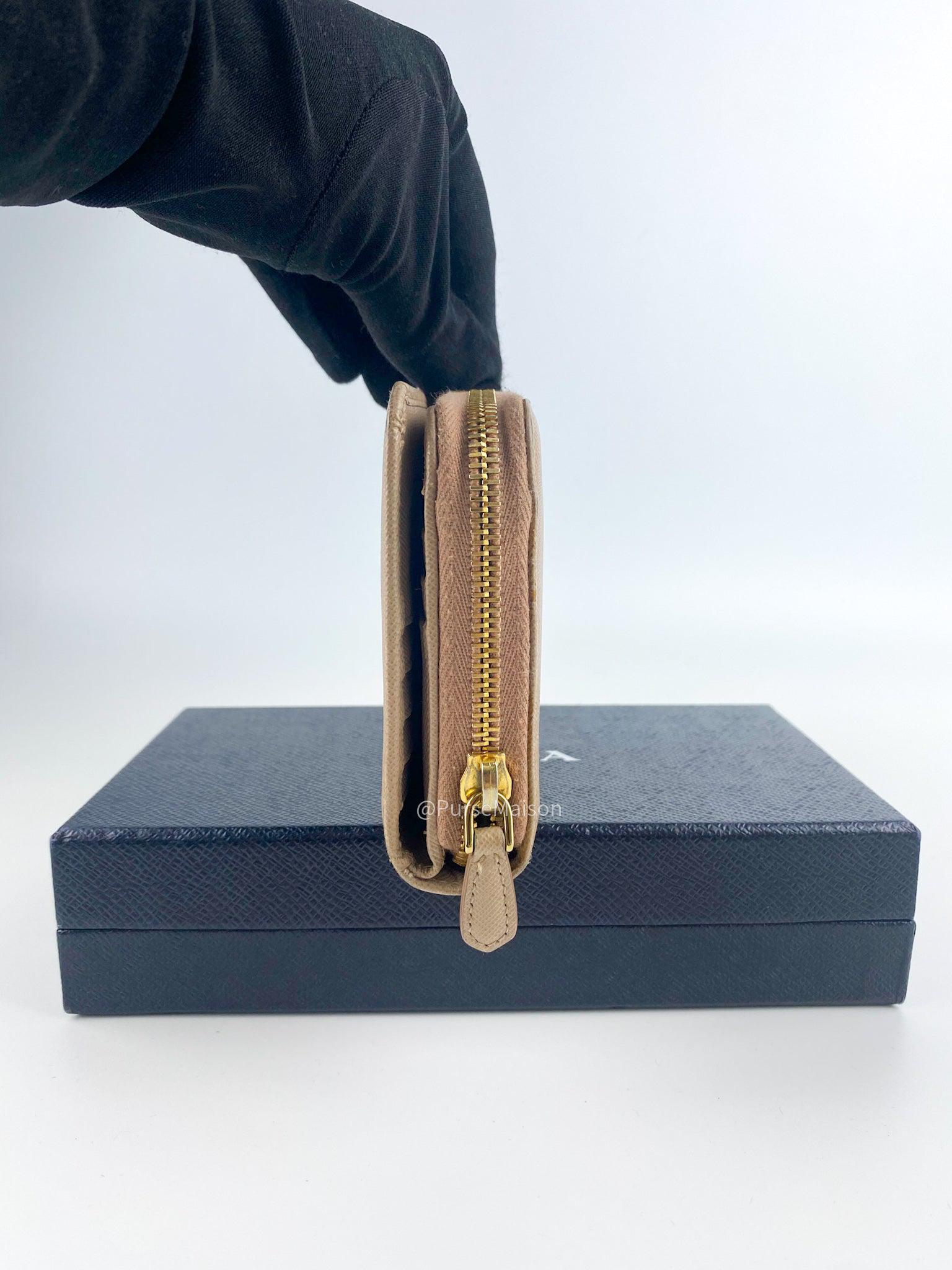 Prada 1M1348 Long Zipped Wallet in Beige Saffiano Metal Leather