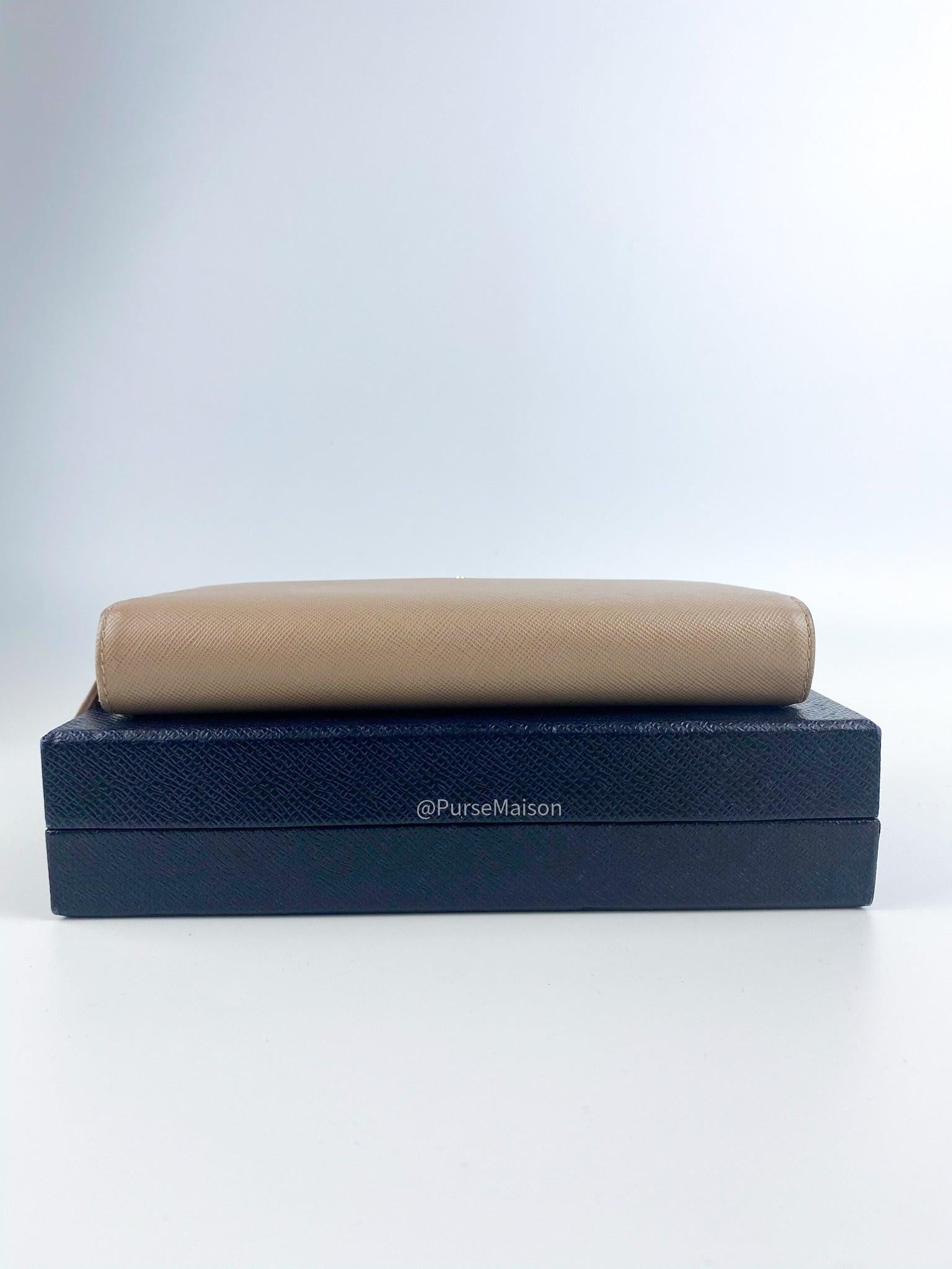 Prada 1M1348 Long Zipped Wallet in Beige Saffiano Metal Leather