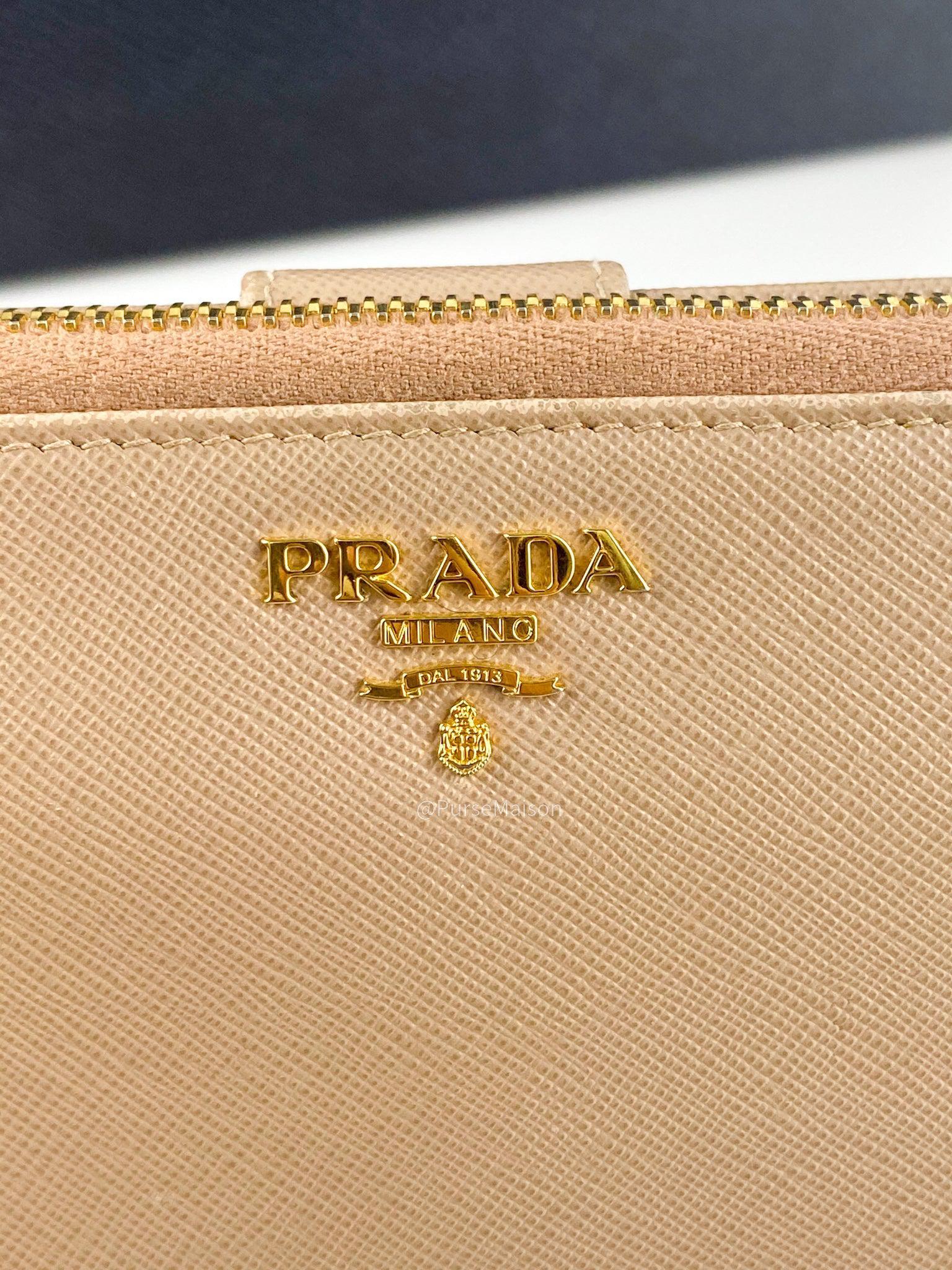 Prada 1M1348 Long Zipped Wallet in Beige Saffiano Metal Leather
