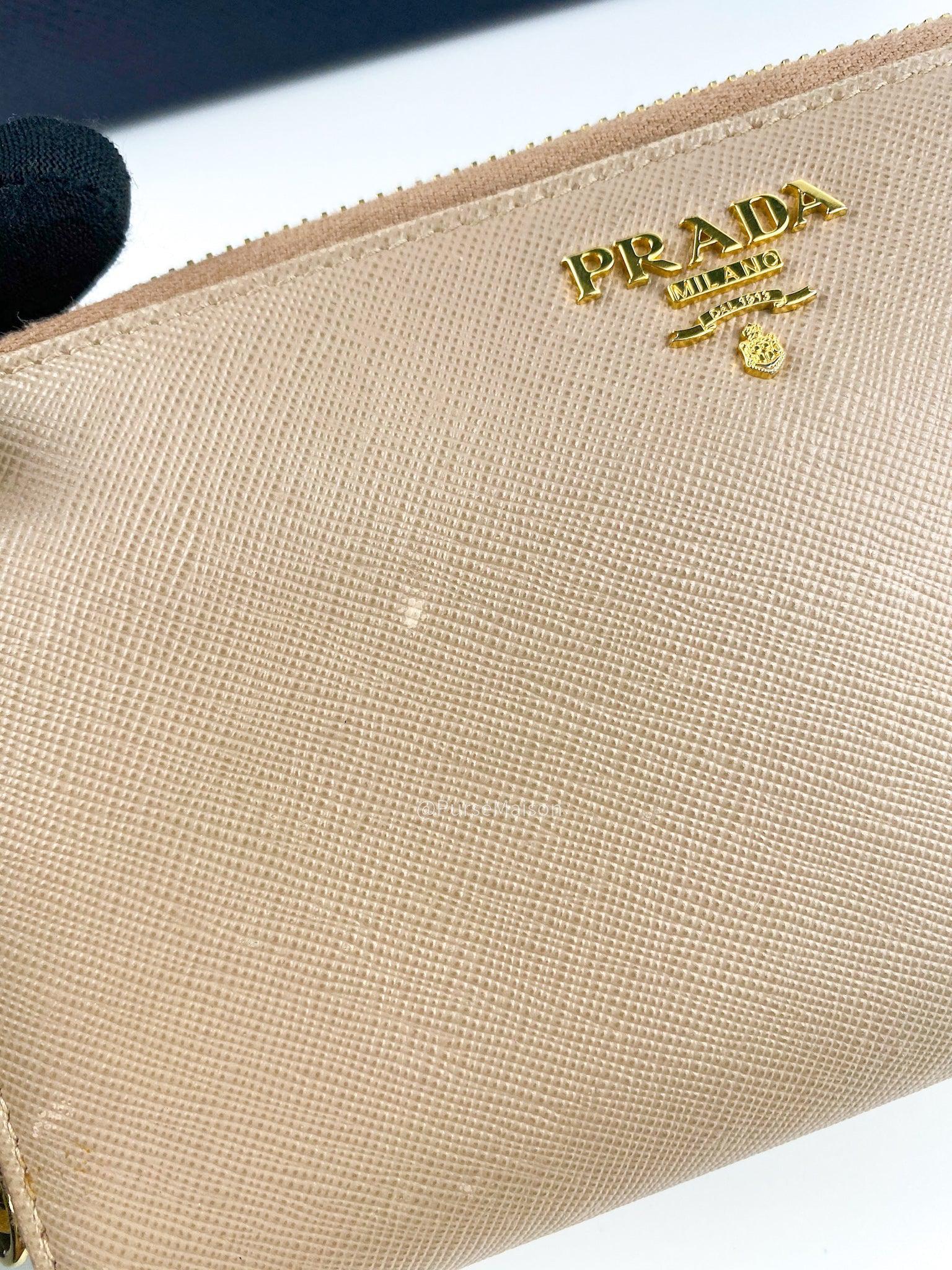Prada 1M1348 Long Zipped Wallet in Beige Saffiano Metal Leather