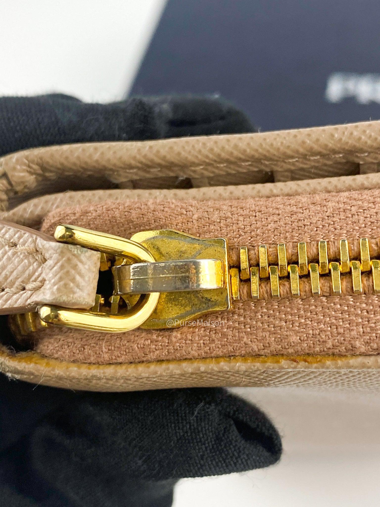 Prada 1M1348 Long Zipped Wallet in Beige Saffiano Metal Leather