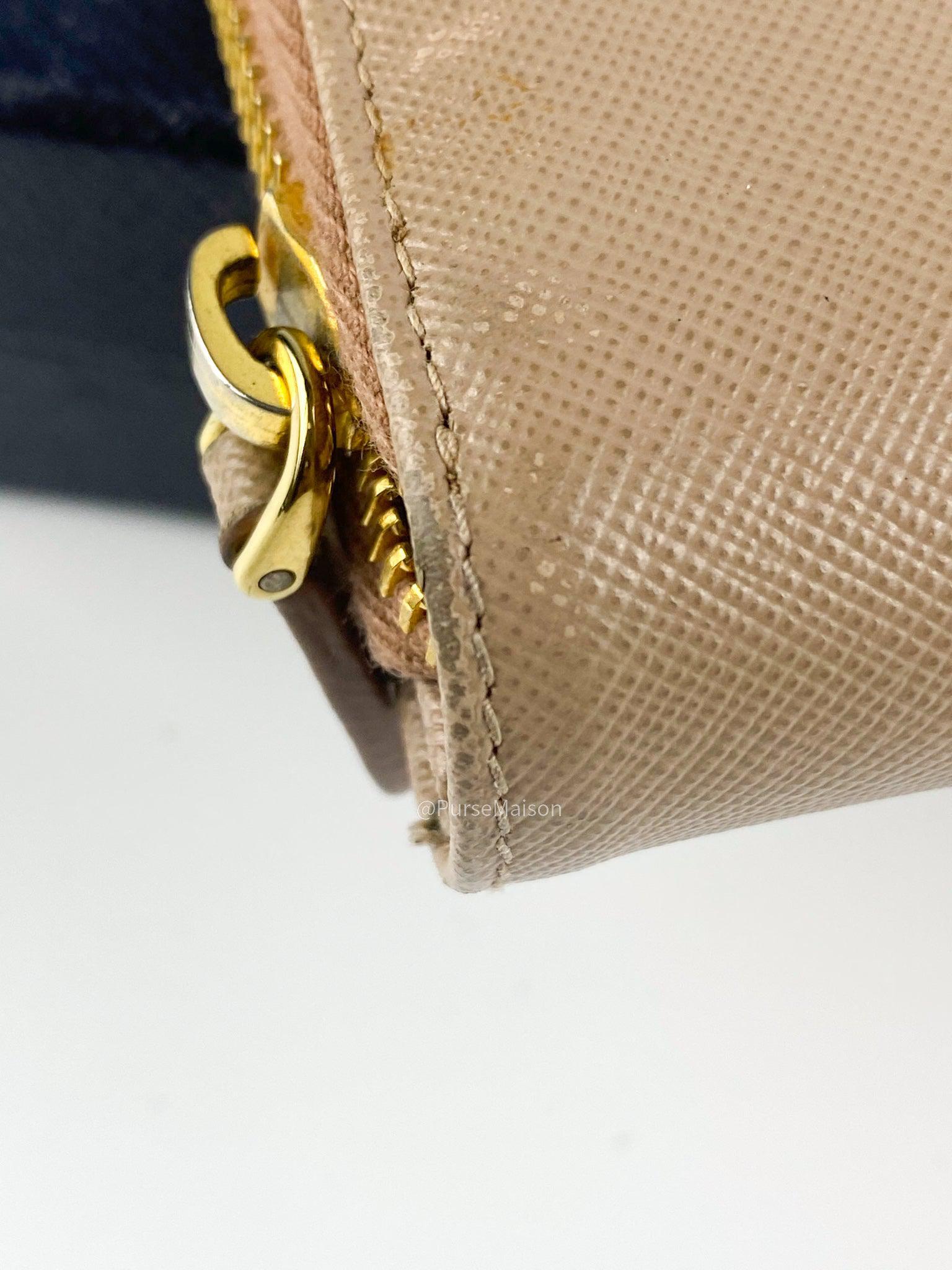 Prada 1M1348 Long Zipped Wallet in Beige Saffiano Metal Leather
