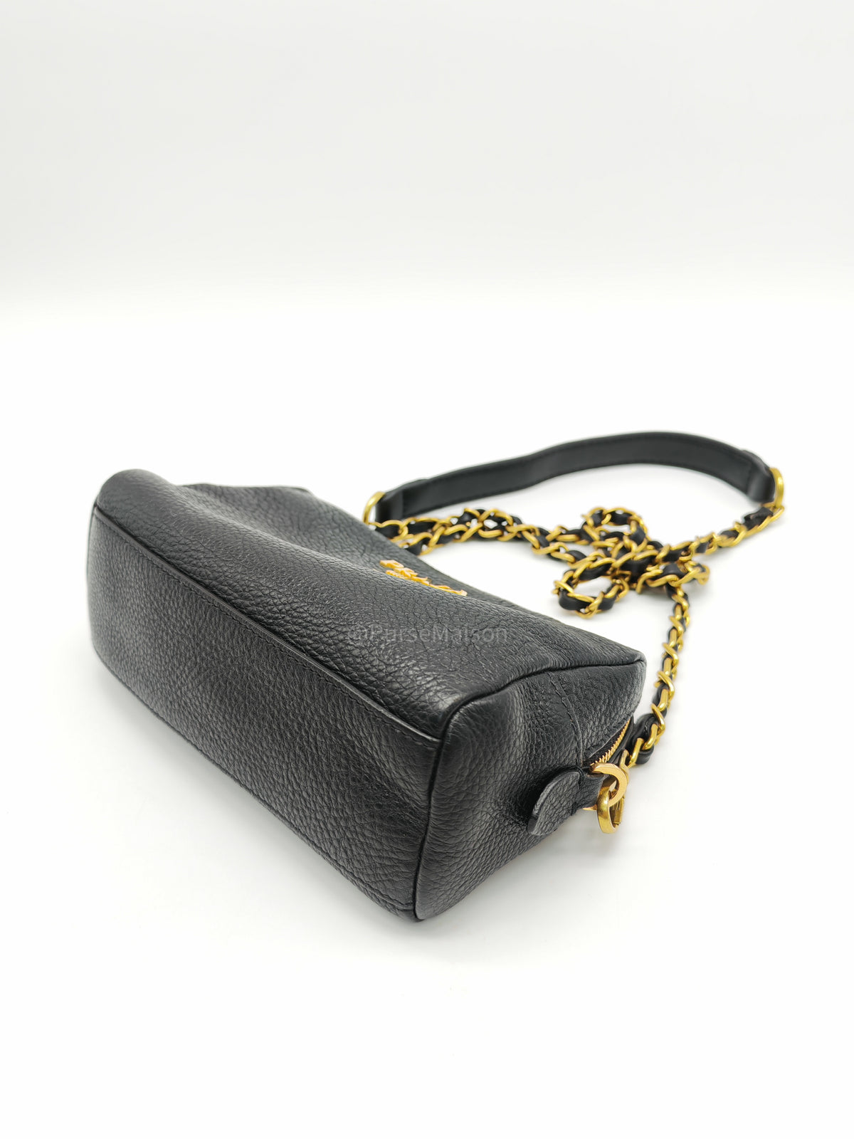 Prada 1ND004 Vitello Daino Cosmetic Pouch in Black Grained Leather and Gold Hardware | Purse Maison Luxury Bags Shop
