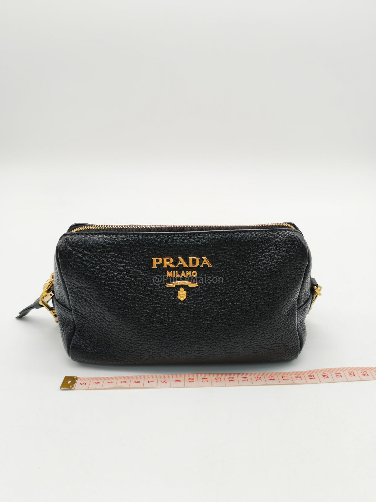 Prada 1ND004 Vitello Daino Cosmetic Pouch in Black Grained Leather and Gold Hardware | Purse Maison Luxury Bags Shop