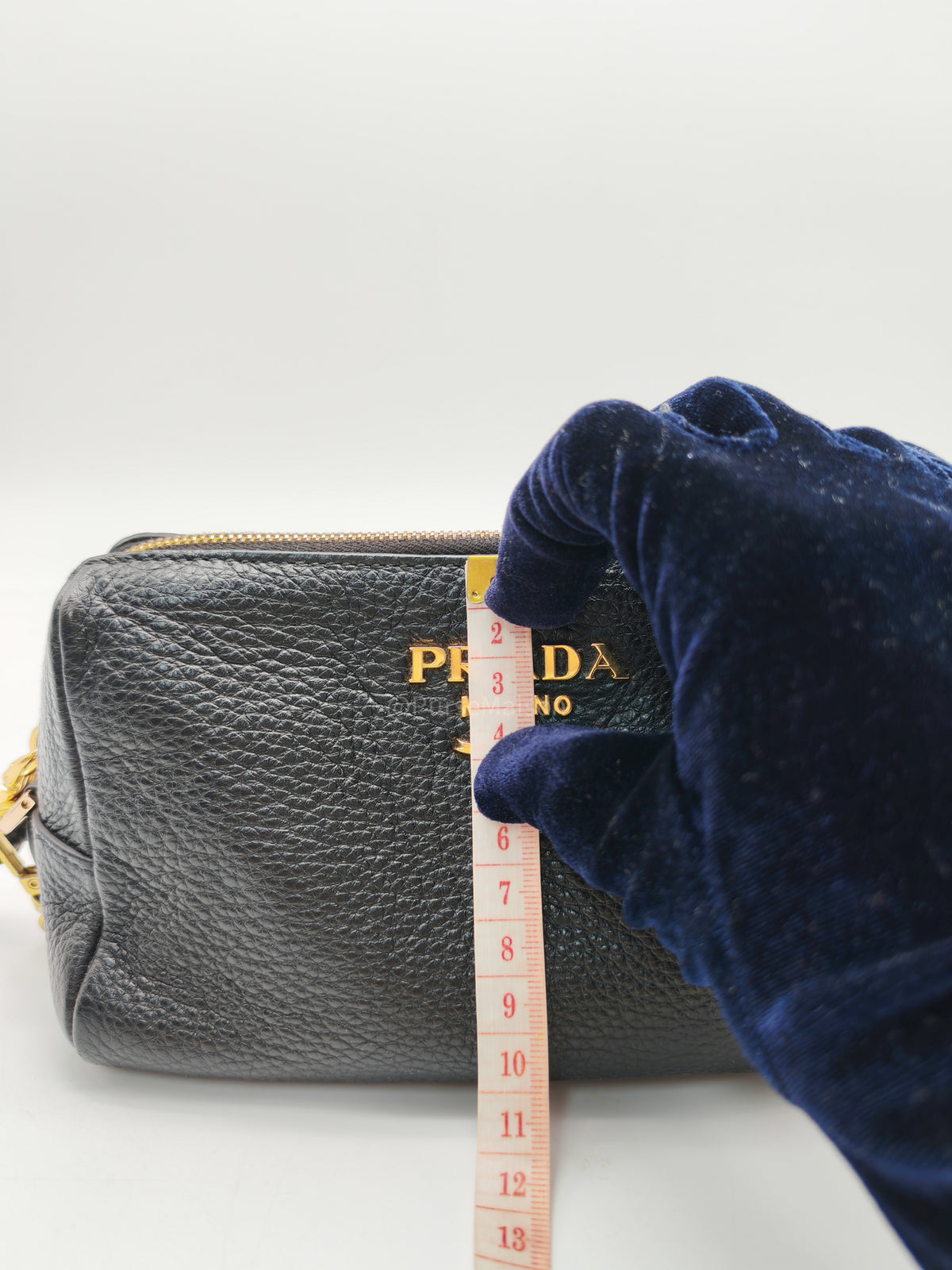 Prada 1ND004 Vitello Daino Cosmetic Pouch in Black Grained Leather and Gold Hardware | Purse Maison Luxury Bags Shop