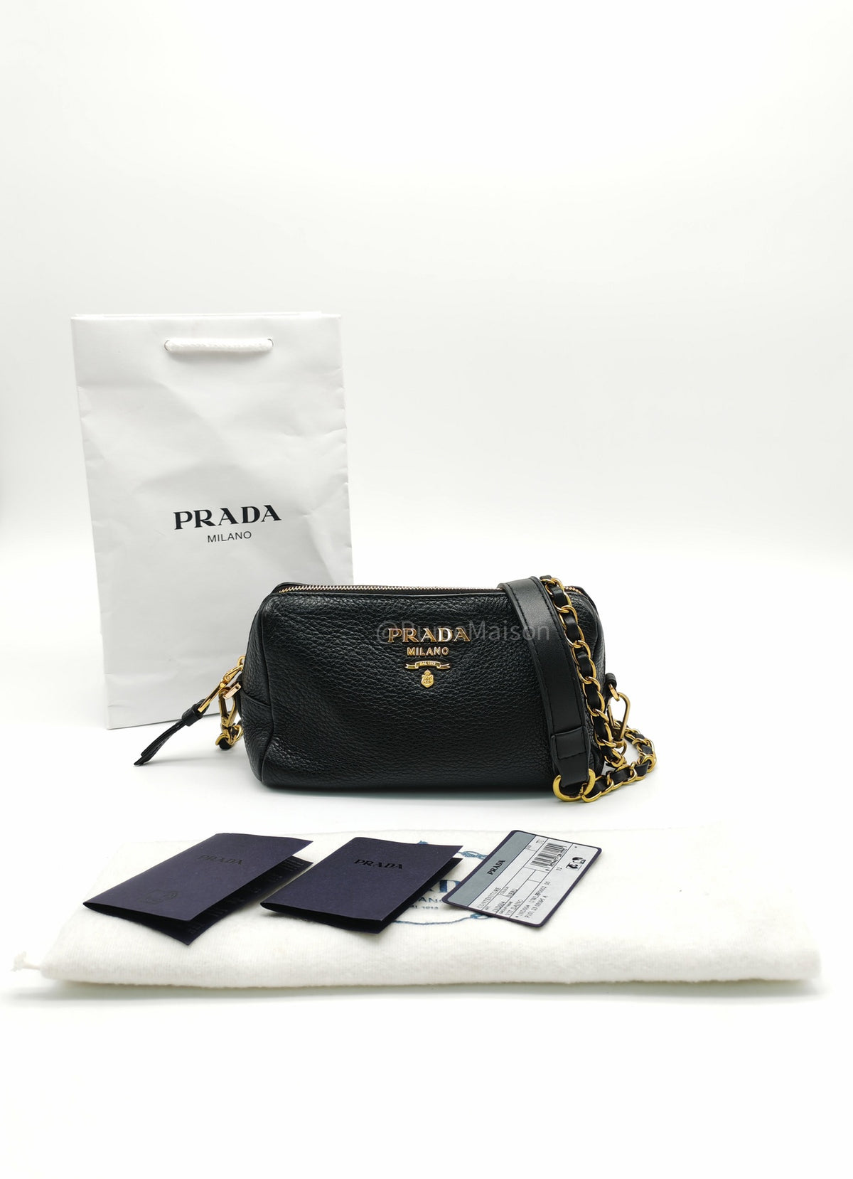 Prada 1ND004 Vitello Daino Cosmetic Pouch in Black Grained Leather and Gold Hardware | Purse Maison Luxury Bags Shop