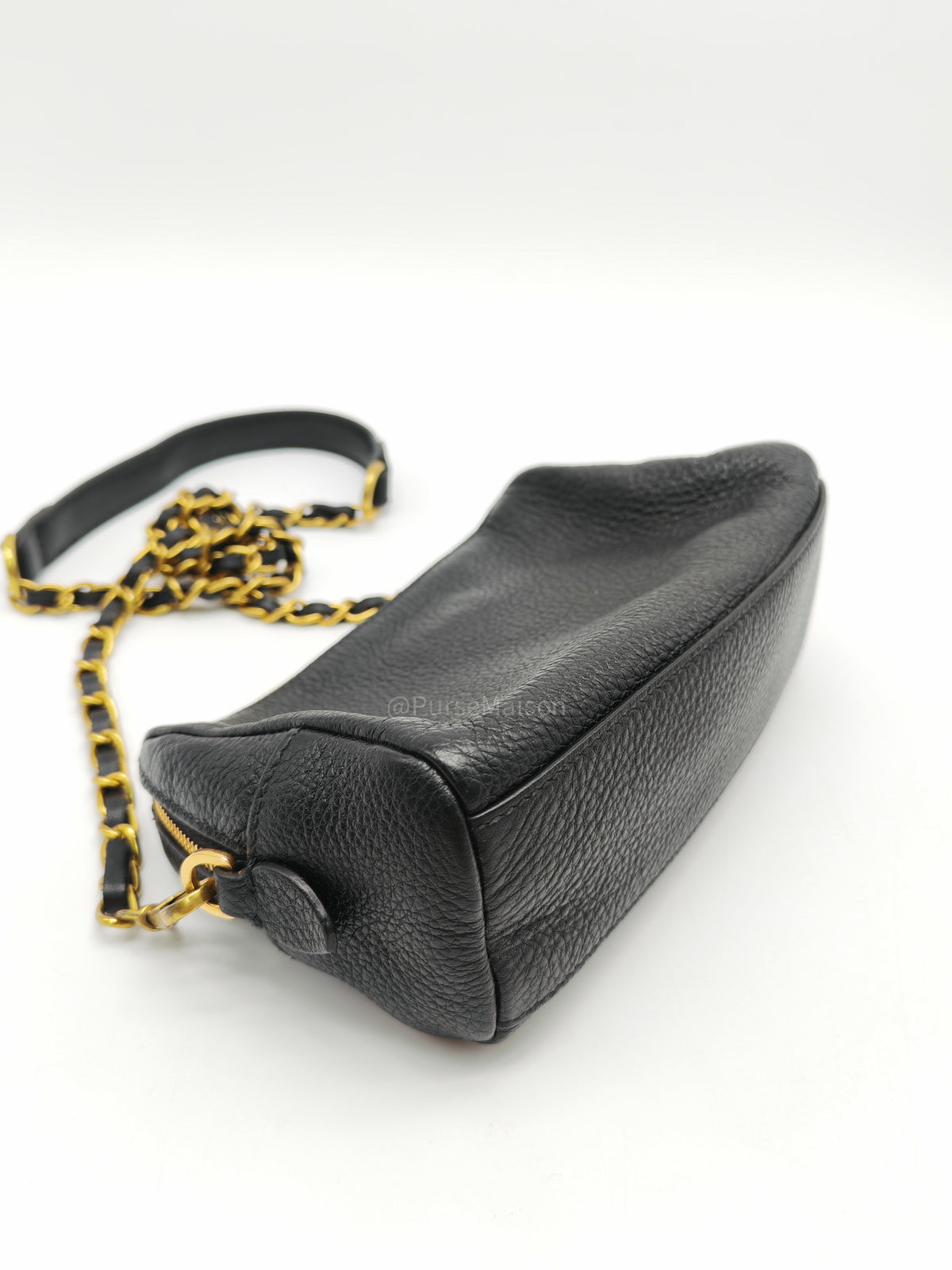 Prada 1ND004 Vitello Daino Cosmetic Pouch in Black Grained Leather and Gold Hardware | Purse Maison Luxury Bags Shop