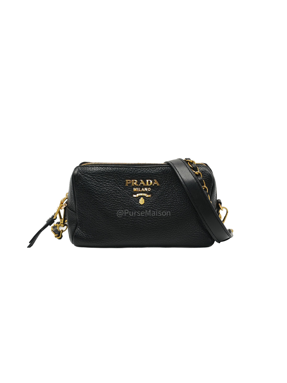 Prada 1ND004 Vitello Daino Cosmetic Pouch in Black Grained Leather and Gold Hardware | Purse Maison Luxury Bags Shop