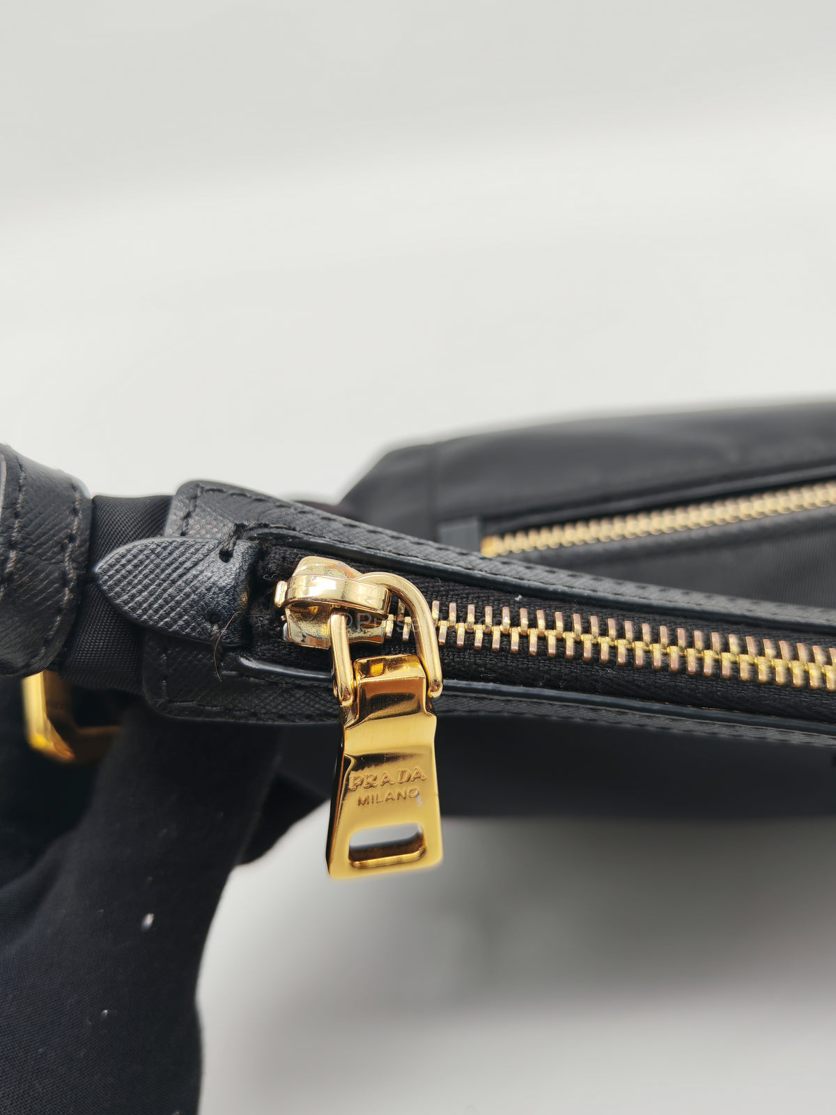 Prada Black Tessuto Nylon and Saffiano Leather Trim Small Crossbody Bag Gold Hardware | Purse Maison Luxury Bags Shop