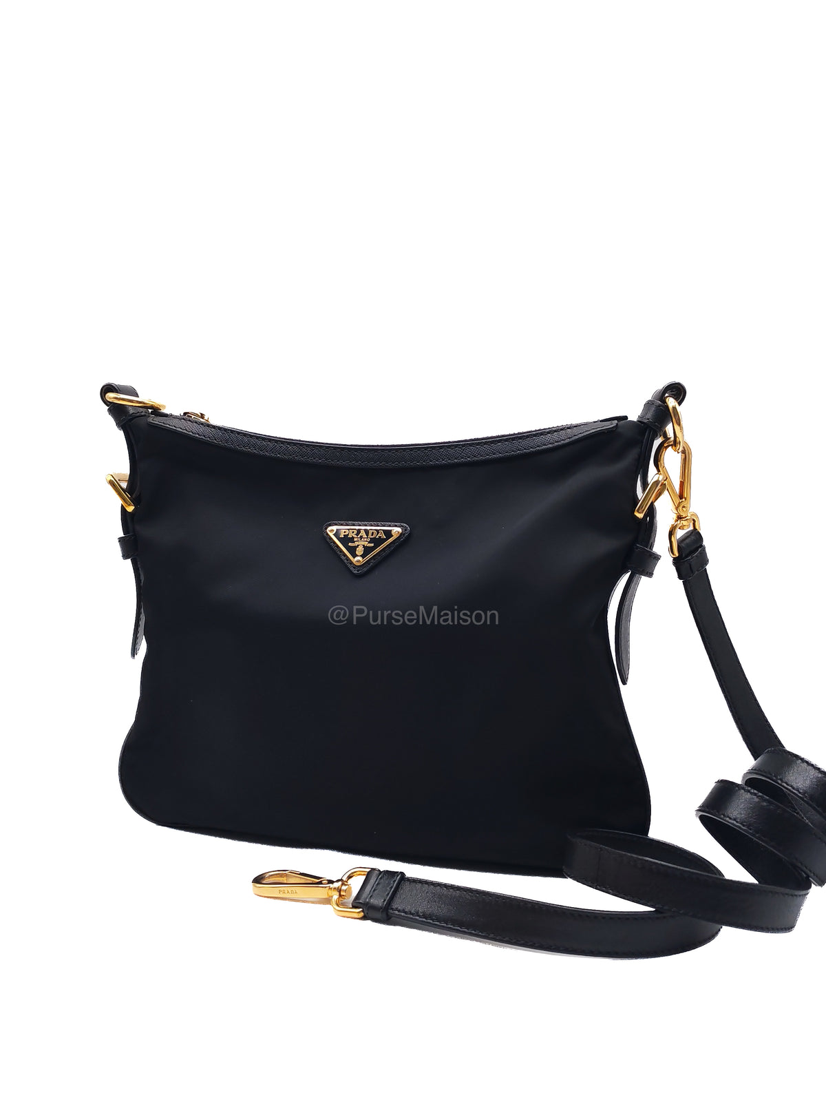Prada Black Tessuto Nylon and Saffiano Leather Trim Small Crossbody Bag Gold Hardware | Purse Maison Luxury Bags Shop
