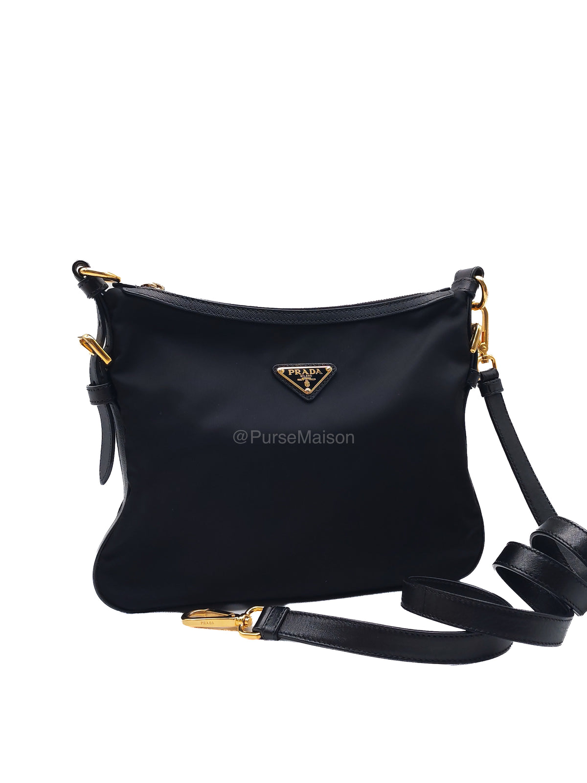 Prada Black Tessuto Nylon and Saffiano Leather Trim Small Crossbody Bag Gold Hardware | Purse Maison Luxury Bags Shop